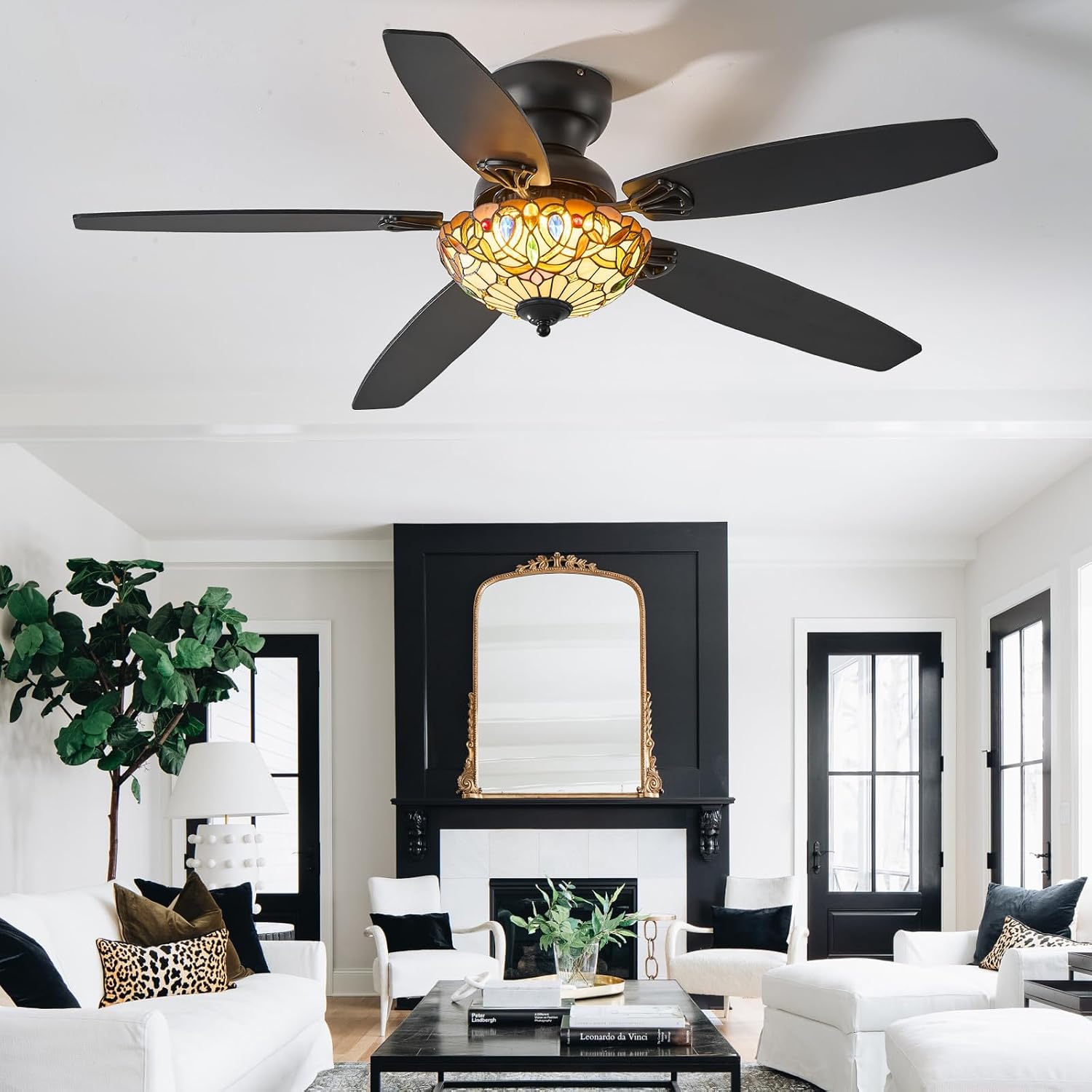 Ceiling Fans with Lights - 52' Ceiling Fan Chandelier with 5 Dual-Blades and Glass Shade, 6 Speeds and Reversible, Indoor and Outdoor, Retro Style