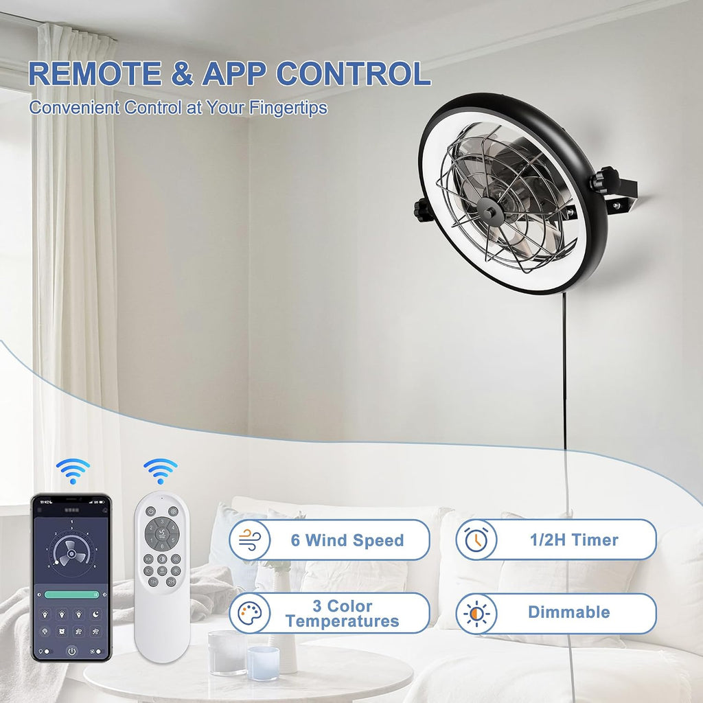 16' Wall Mounted Fan Indoor, Quiet 6 Speed Wall Mount Fan with Remote, Light and Timer, 360° Adjustable Tilt Plug in Wall Fan for Garage, Bedroom, Kitchen, Living Room, Greenhouse, Patio