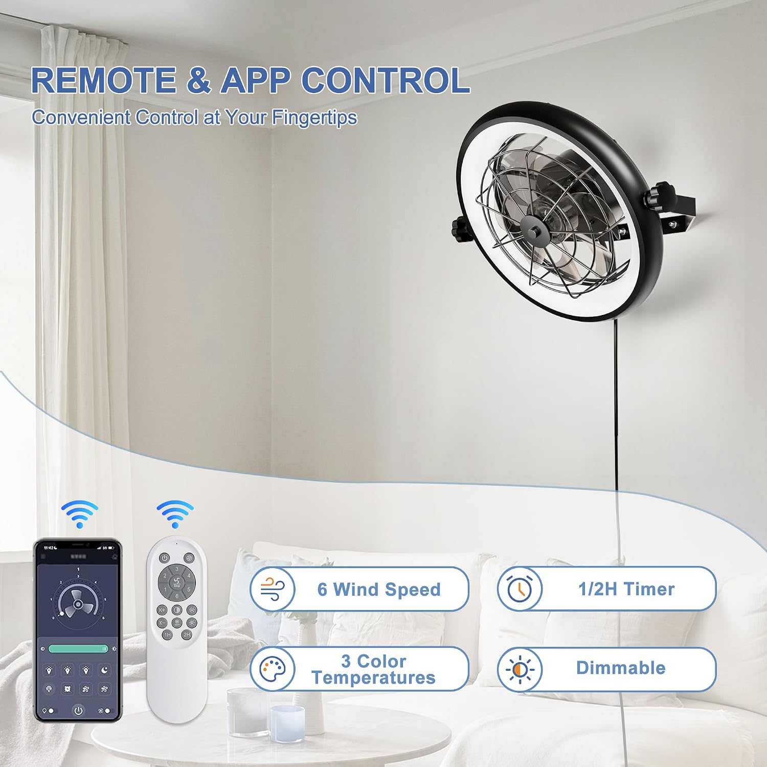 16' Wall Mounted Fan Indoor, Quiet 6 Speed Wall Mount Fan with Remote, Light and Timer, 360° Adjustable Tilt Plug in Wall Fan for Garage, Bedroom, Kitchen, Living Room, Greenhouse, Patio