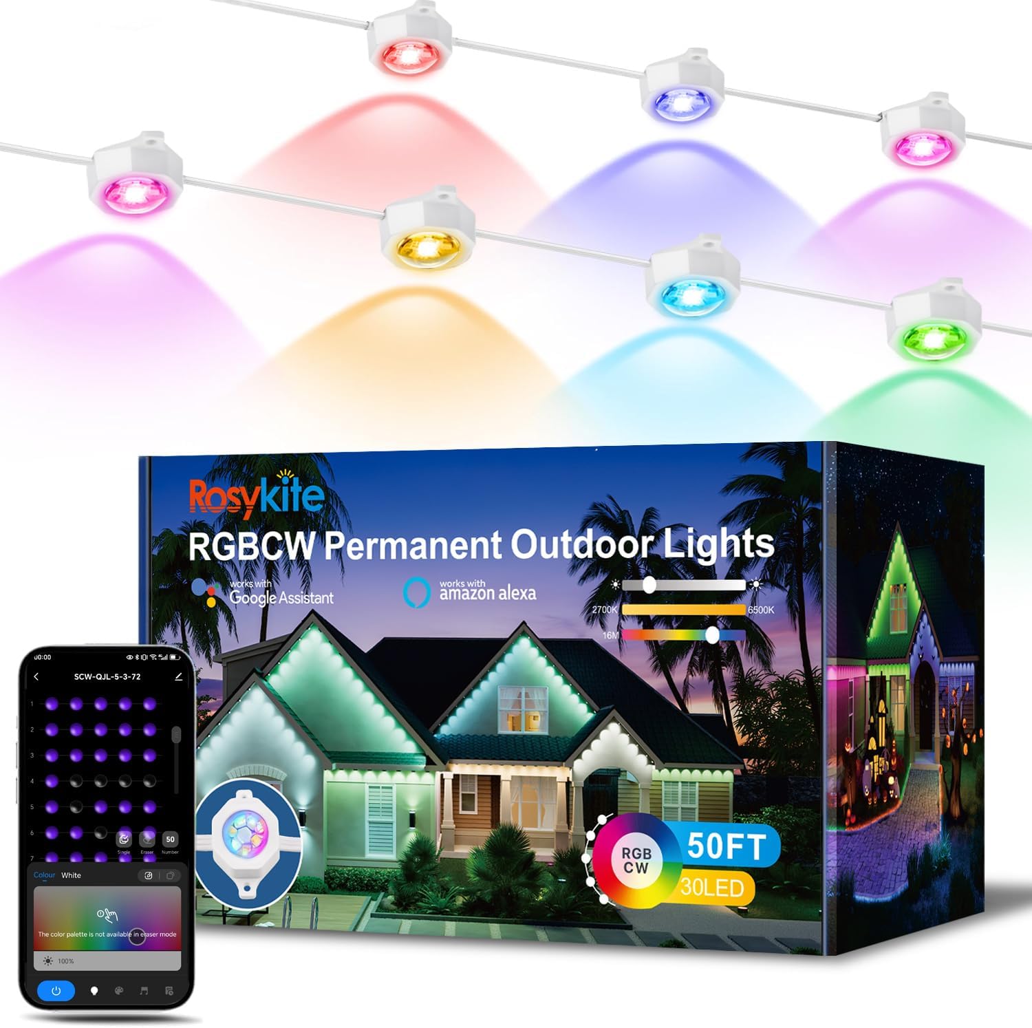 Rosykite Outdoor Christmas Lights - 50ft Smart RGB+IC Color Eaves Lights with 63 Scene, IP67 Waterproof, Alexa & Google Assistant Voice Control