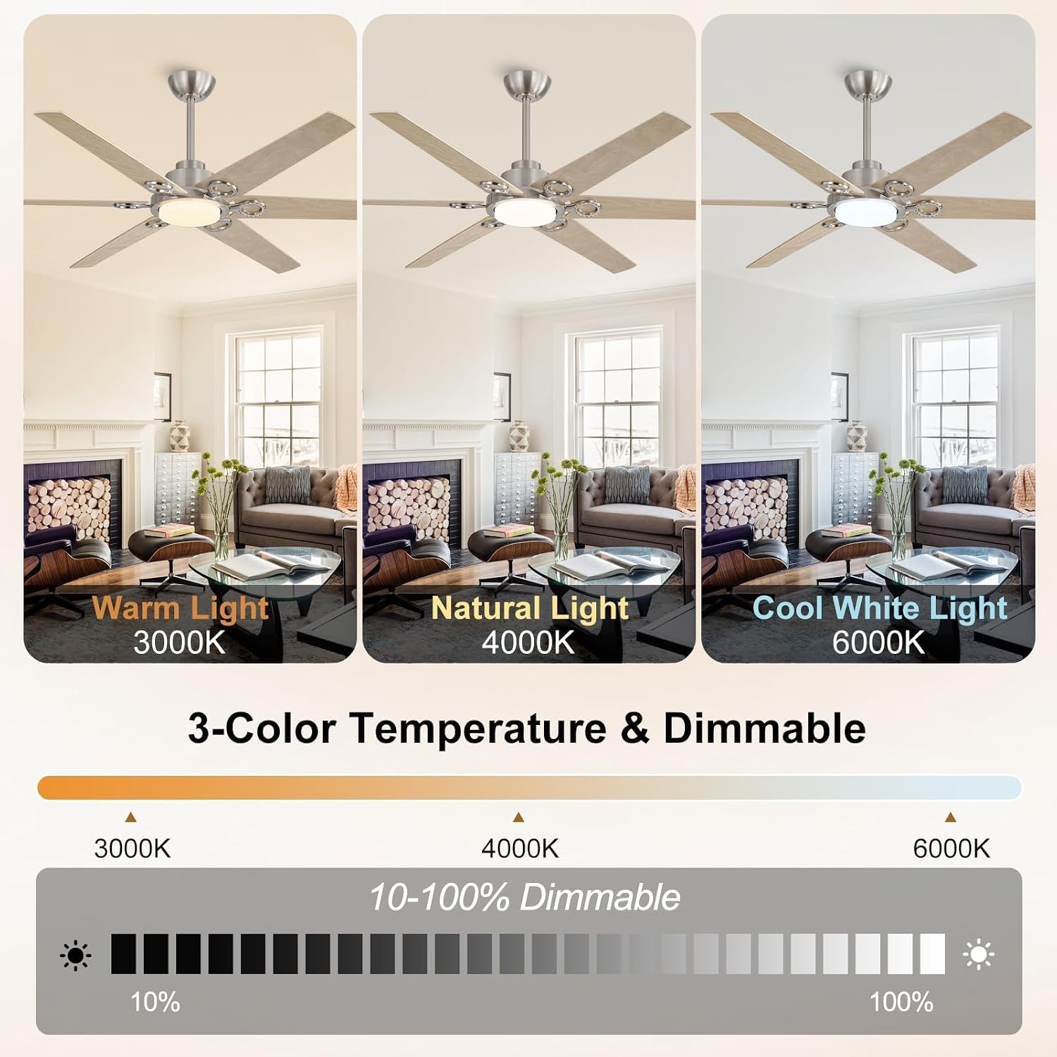 WINGBO Ceiling Fan with Lights - 64 inch Ceiling Fan with Remote,3CCT, Dimmable Light,6 Blades Modern Ceiling Fan, 6-Speed Noiseless Powerful DC Motor, ETL Listed, Indoor/Outdoor， Nickel + Light Wood