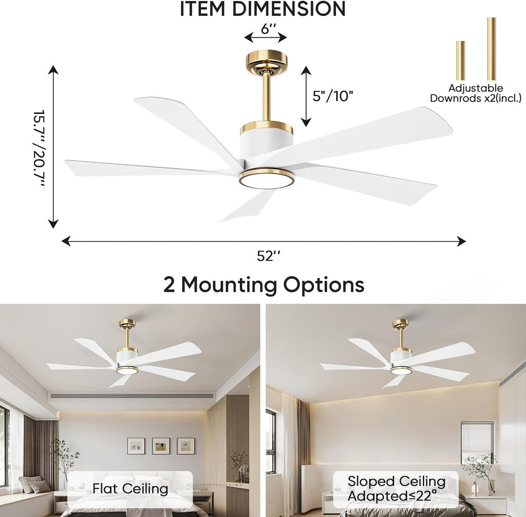 TXCSLY 52' Ceiling Fans with Lights and Remote, Modern Ceiling Fan with Light, Indoor Outdoor Ceiling Fan for Living Room, Bedroom, 5 Blade 3 Color Temperature LED Dimmable (White & Gold)