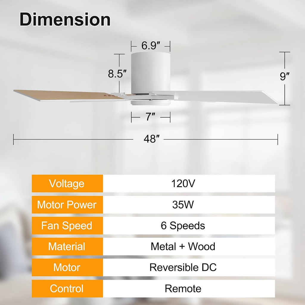 WINGBO 48 Inch Flush Mount Ceiling Fan without Light - 4 Plywood Blades, 6-Speed Reversible DC Motor, Noiseless Low Profile Ceiling Fan No Light for Bedroom Living Room, White and Oak/White
