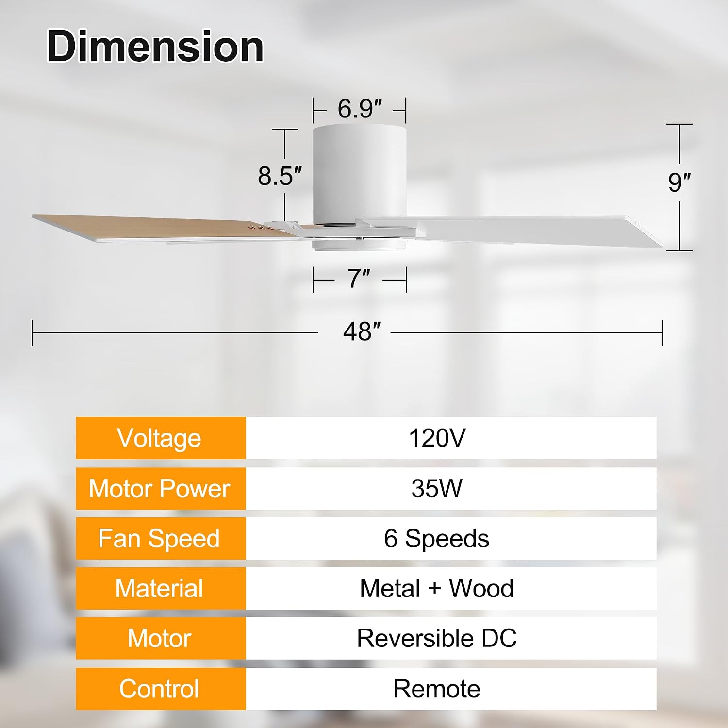WINGBO 48 Inch Flush Mount Ceiling Fan without Light - 4 Plywood Blades, 6-Speed Reversible DC Motor, Noiseless Low Profile Ceiling Fan No Light for Bedroom Living Room, White and Oak/White