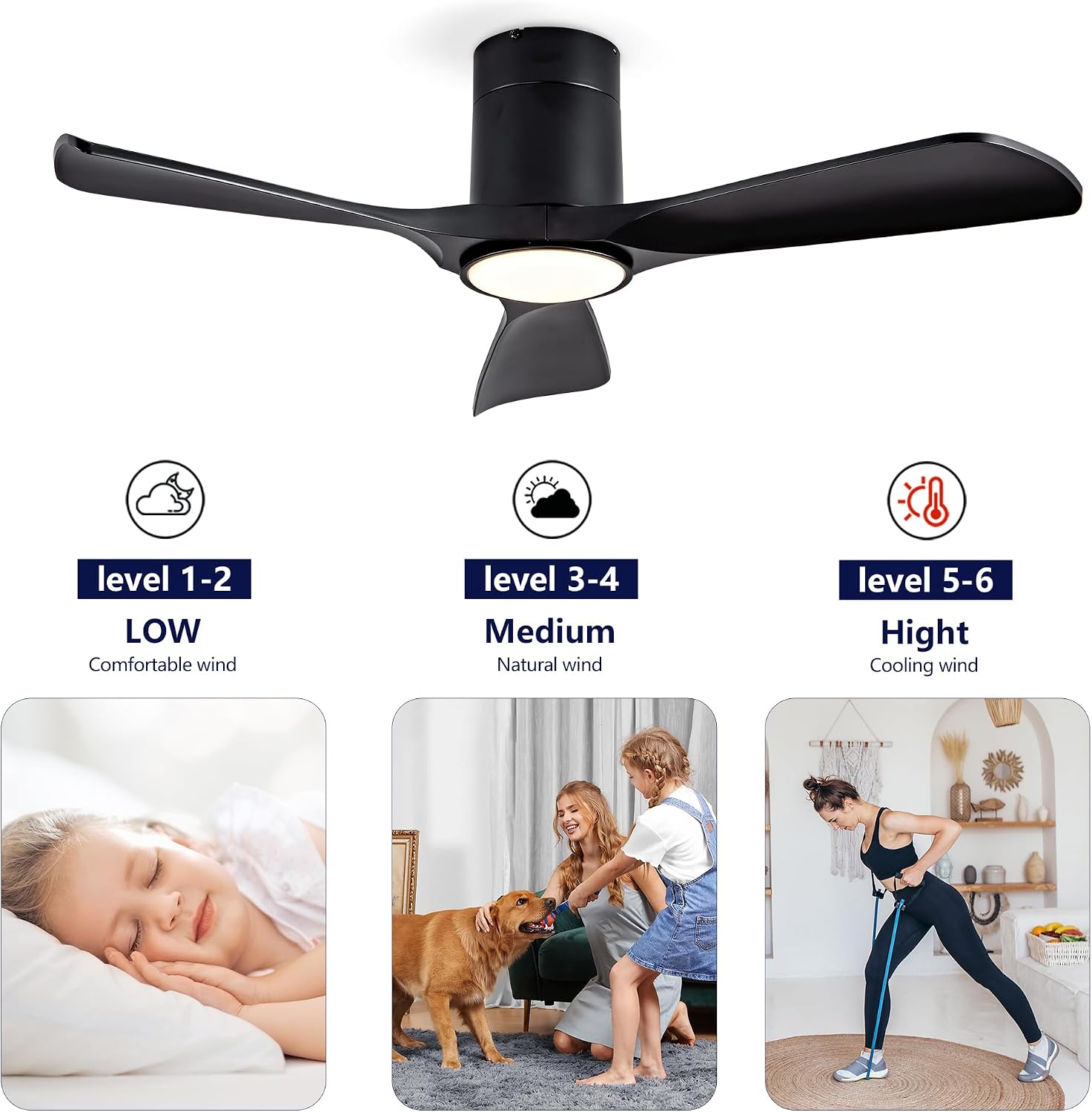 Ceiling Fan with Lights 42 Inch Flush Mount Ceiling Fan with Remote Control, ABS Blades Outdoor Ceiling Fans for Bedroom,Farmhouse,Patio,Indoor, Quiet DC Motor ZA136