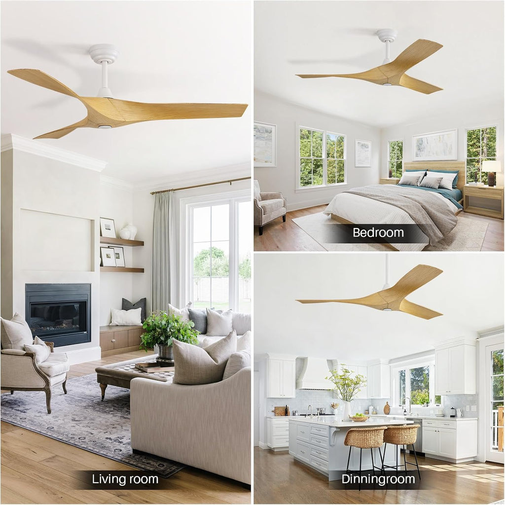 CACI Mall 52 Inch Propeller Ceiling Fan No Light, Remote Control, 6 Speeds Noiseless DC Motor, 3 ABS Blades, Indoor Outdoor Ceiling Fans for Living Room, Bedroom, Patio