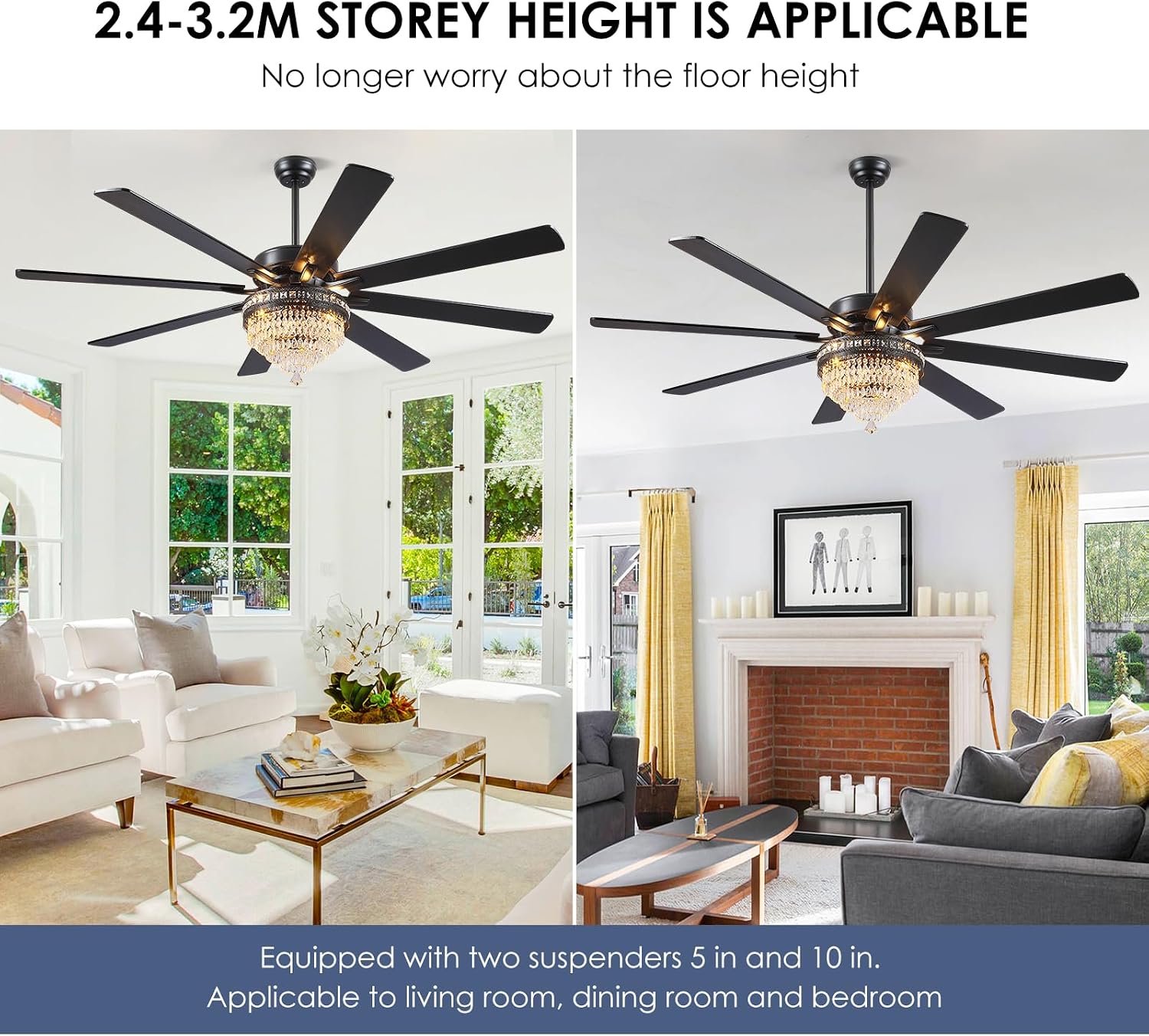 Asyko 72' Crystal Ceiling Fan Fandelier with Lights - Modern Crystal Chandelier Fans with Remote Control,Noiseless DC Motor, Retro/Farmhouse Lighting, Dining Room,Living Room