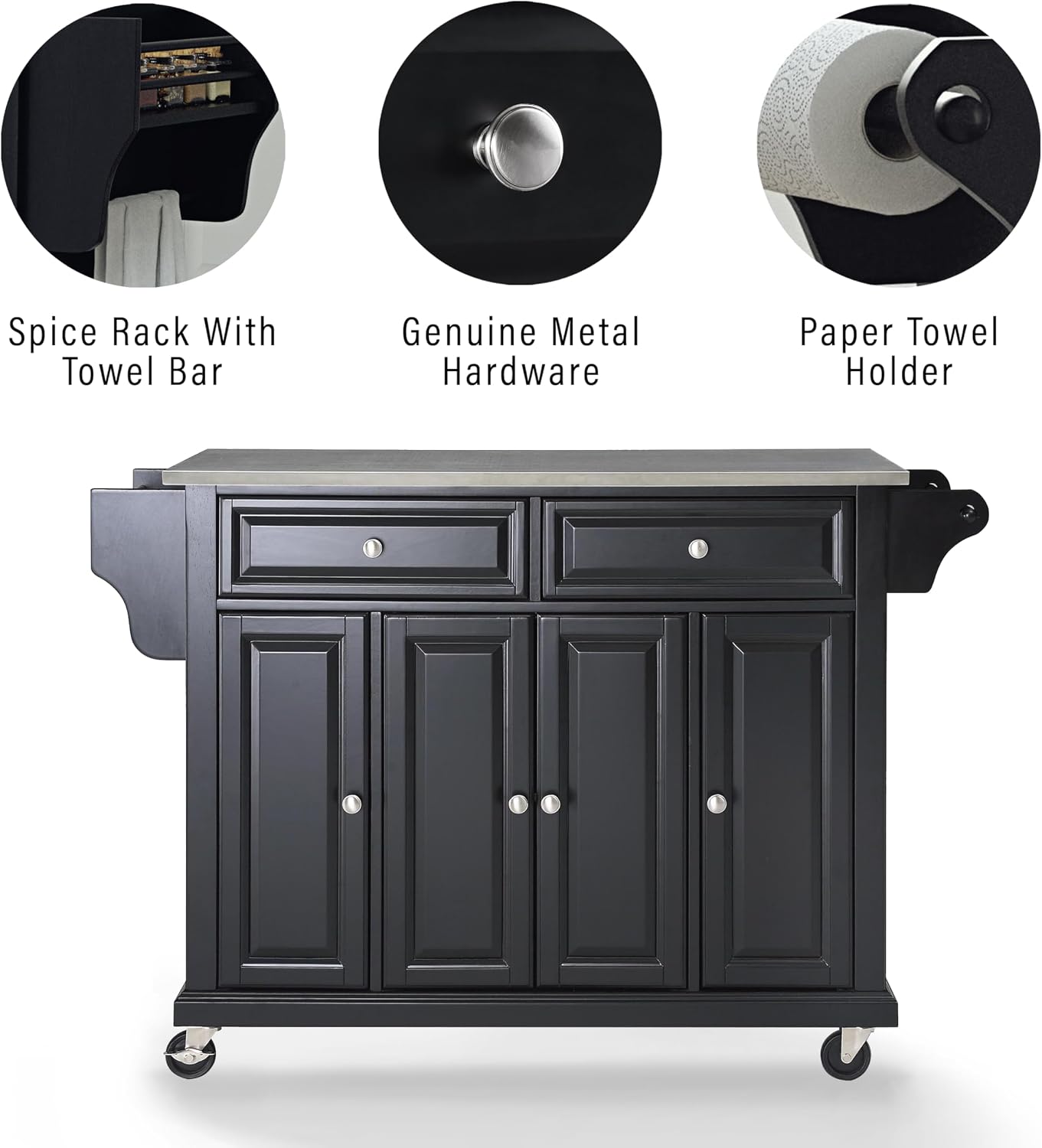 Crosley Furniture Full Size Stainless Steel Rolling Kitchen Island Storage Cart, Microwave Stand, Spice Rack, Black