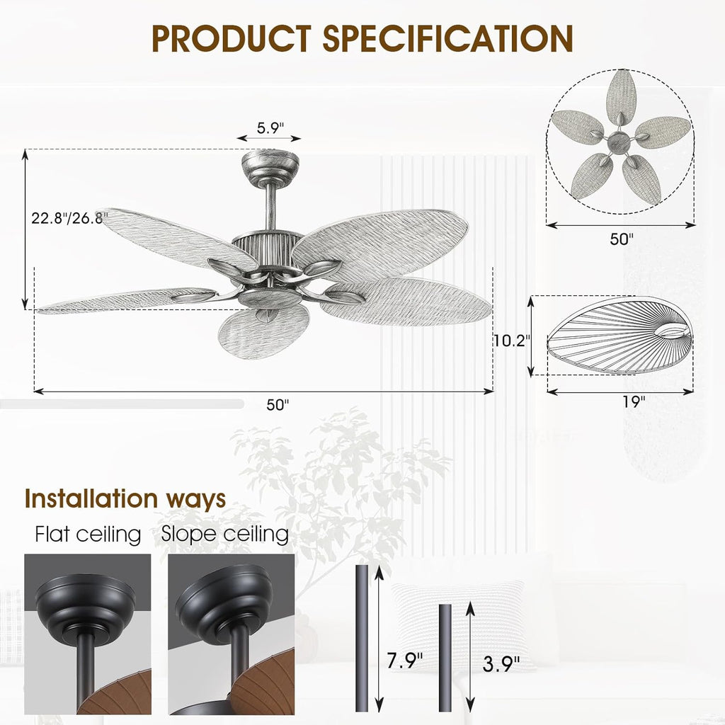 Wiviniya 50 Inch Tropical Ceiling Fan no Light, Palm Leaf Waterproof Outdoor Ceiling Fans for Patios Porch, Remote/APP Control, Wet Rated, 6 Speeds, Reversible Quiet DC Motor, Dark Brown