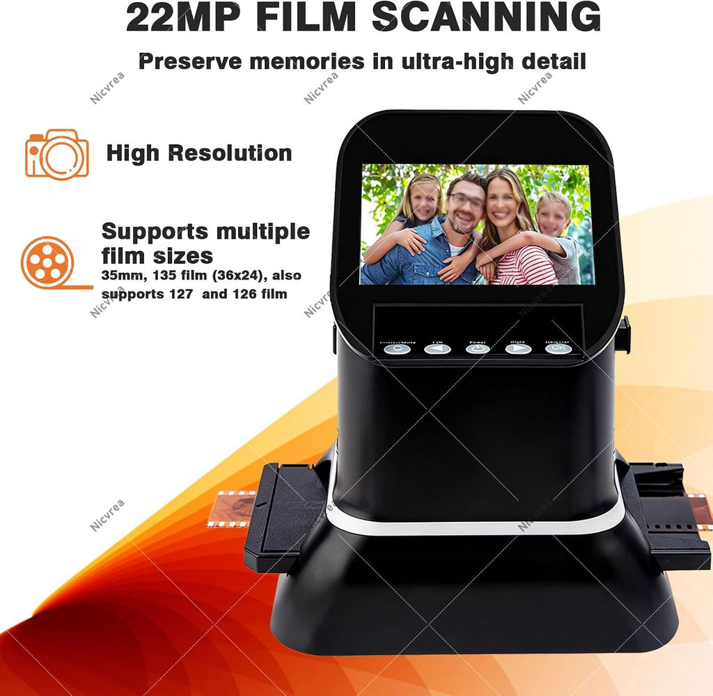 Film and Slide Scanner, Retro Negative Film Scanner, 35mm, 135, 126, 127 to JPG Photos Digital Converter, Support SD Card/PC Link, Color LCD Screen