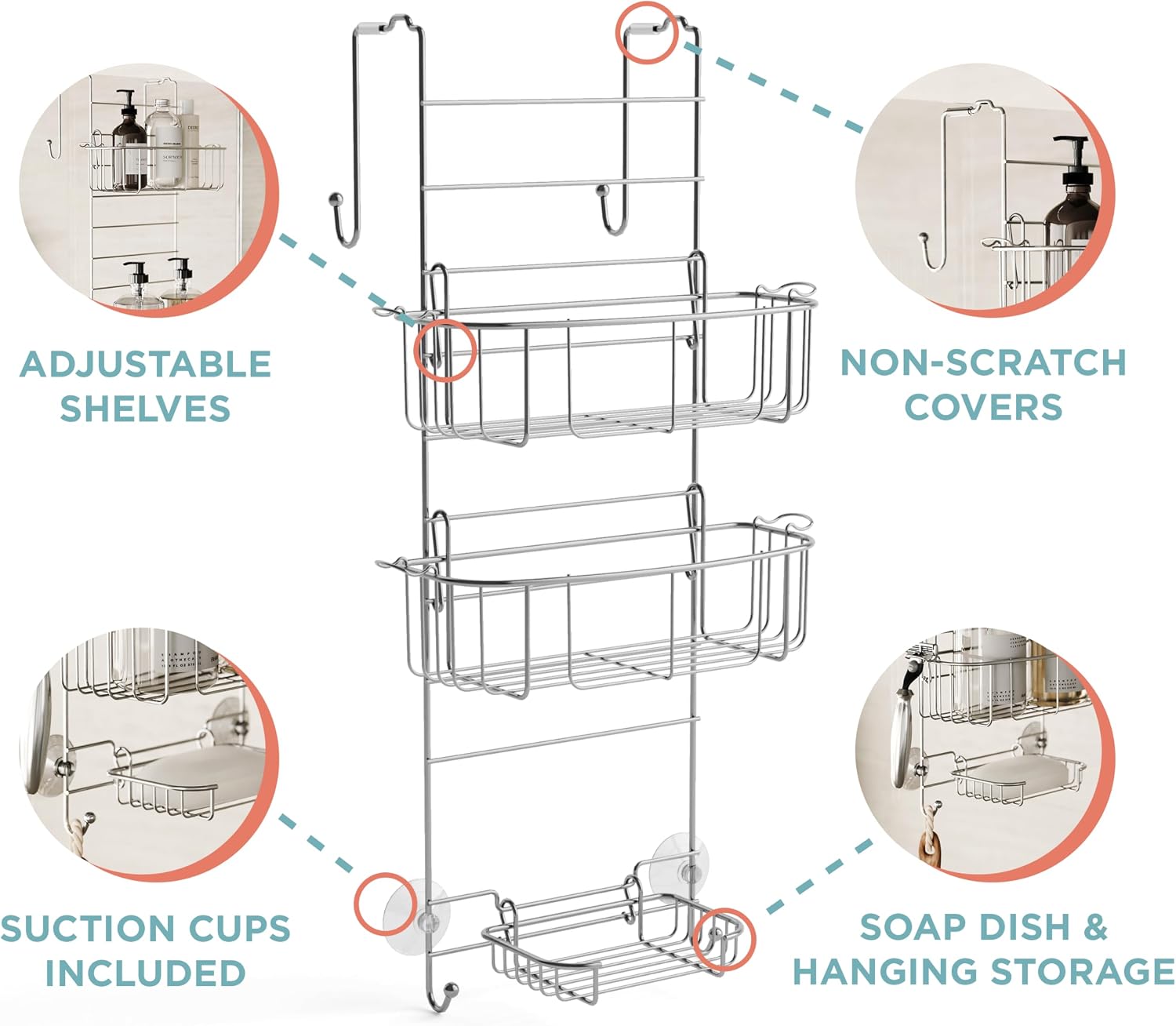 Zenna Home Shower Caddy Hanging Over the Shower Door Organizer, Stainless Steel Rack with 2 Shelves and Built in Hooks, Bathroom Organizer Shelf for Inside Shower, Stainless Steel