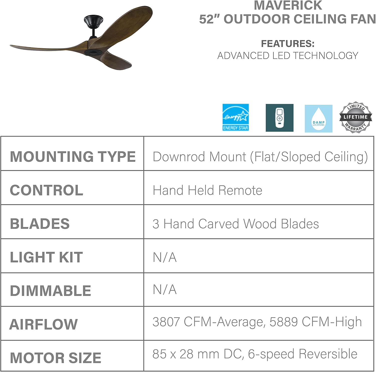 Monte Carlo 3MAVR52BK Maverick II Energy Star 52' Outdoor Ceiling Fan with Remote Control, 3 Balsa Wood Blades, Matte Black
