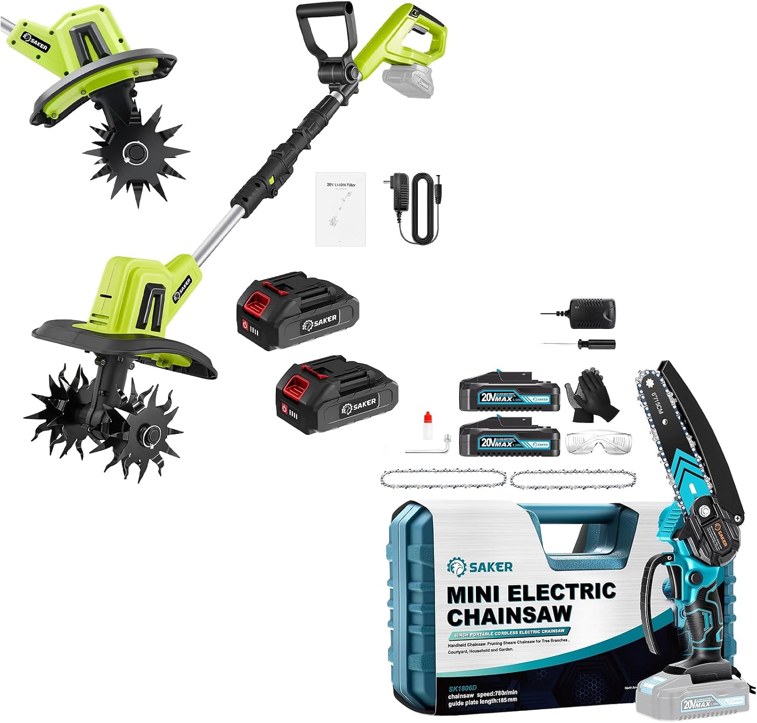 Saker Combo: 6 - Inch Upgraded Mini Cordless Chainsaw Blue + 22V Cordless Electric Garden Tiller Cultivator - Your Ultimate Gardening Set