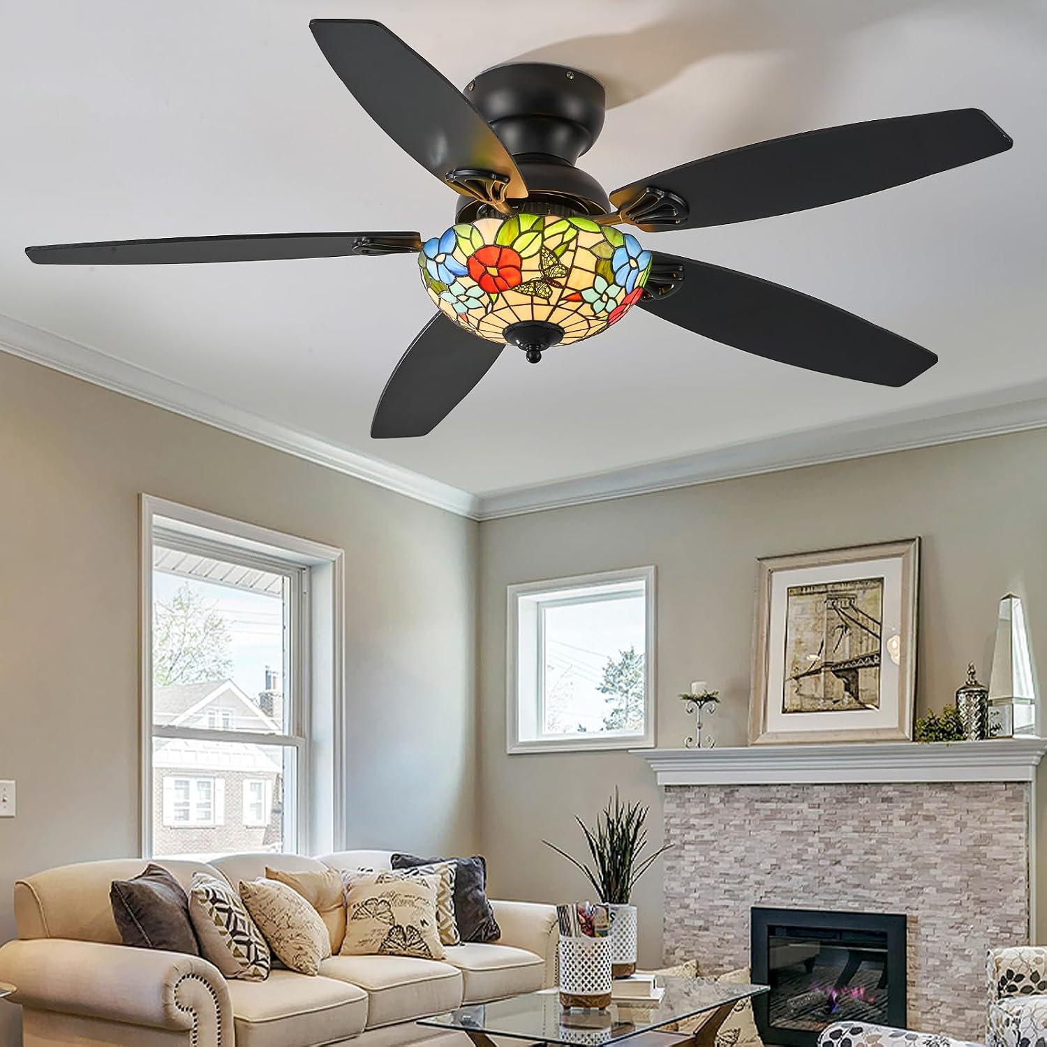 Tiffany Ceiling Fans with Lights - 52' Ceiling Fan Chandelier with 5 Dual-Blades and Glass Shade, 6 Speeds and Reversible, Indoor and Outdoor, Retro Style