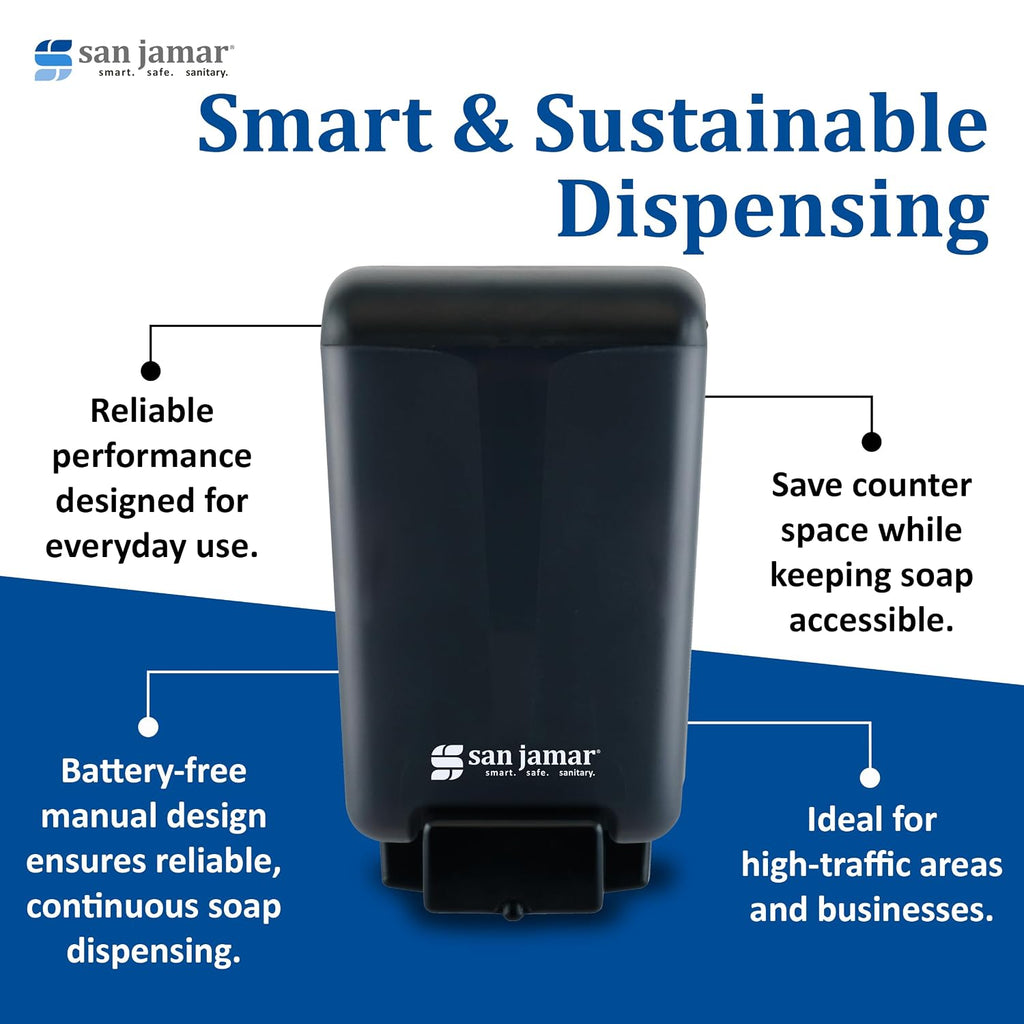 San Jamar Classic Soap Dispenser for Public Restrooms, Manual, Wall Mounted, Refillable, Plastic, 46 Ounce Capacity, Black Pearl (Pack of 6)