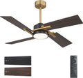 WINGBO 48 Inch Ceiling Fan with Light and Remote, 4 Plywood Blades, 6-Speed Reversible DC Motor, Dimmable, 3CCT, Farmhouse Ceiling Fan for Bedroom Living Room Kitchen, Brass and Black/Walnut