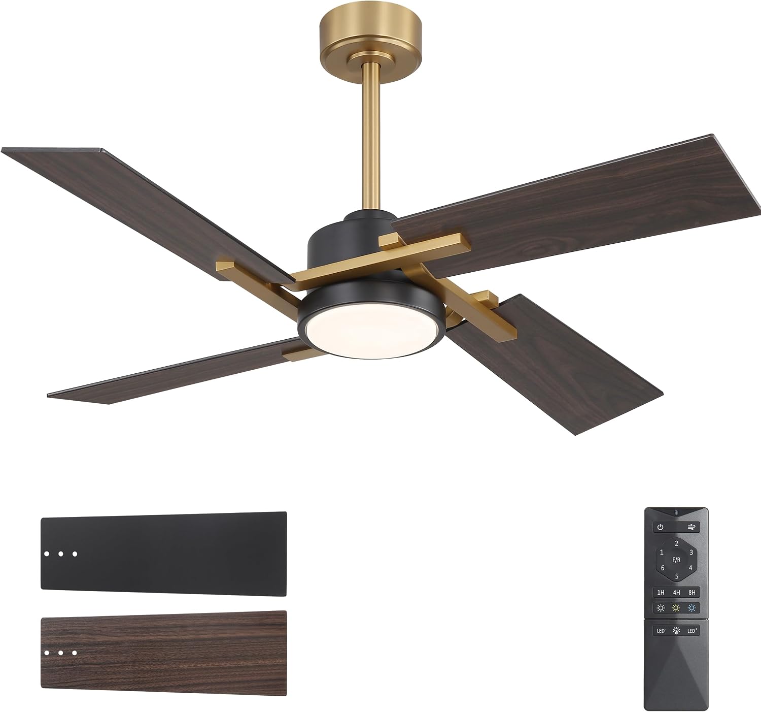WINGBO 48 Inch Ceiling Fan with Light and Remote, 4 Plywood Blades, 6-Speed Reversible DC Motor, Dimmable, 3CCT, Farmhouse Ceiling Fan for Bedroom Living Room Kitchen, Brass and Black/Walnut