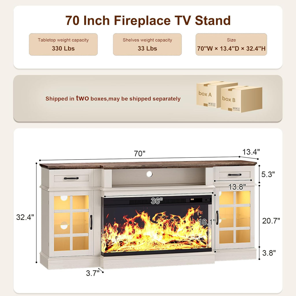 MXV 70' Fireplace TV Stand, 3-Sided Glass Fireplace and Modern Entertainment Center, Wooden Media Console with Glass Doors & Storage Drawers, LED Light, for Living Room, Antique White