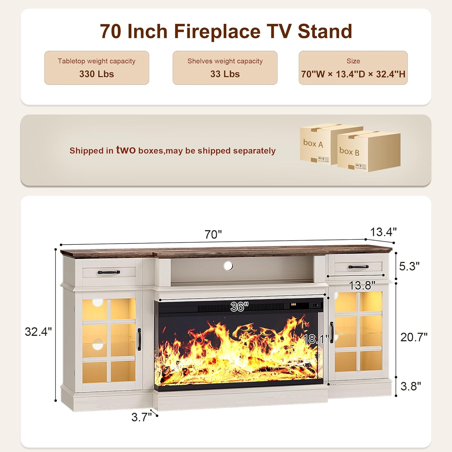 MXV 70' Fireplace TV Stand, 3-Sided Glass Fireplace and Modern Entertainment Center, Wooden Media Console with Glass Doors & Storage Drawers, LED Light, for Living Room, Antique White