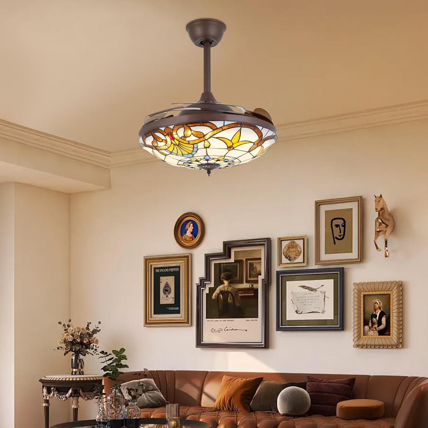 Retro 3 Color Ceiling Fan 3 Gear Wind Lights Ceiling Fan Chandelier with Remote Control, Flush Mount Ceiling Fan Lighting Fixture for Bedroom Store Office Loft-US Stock