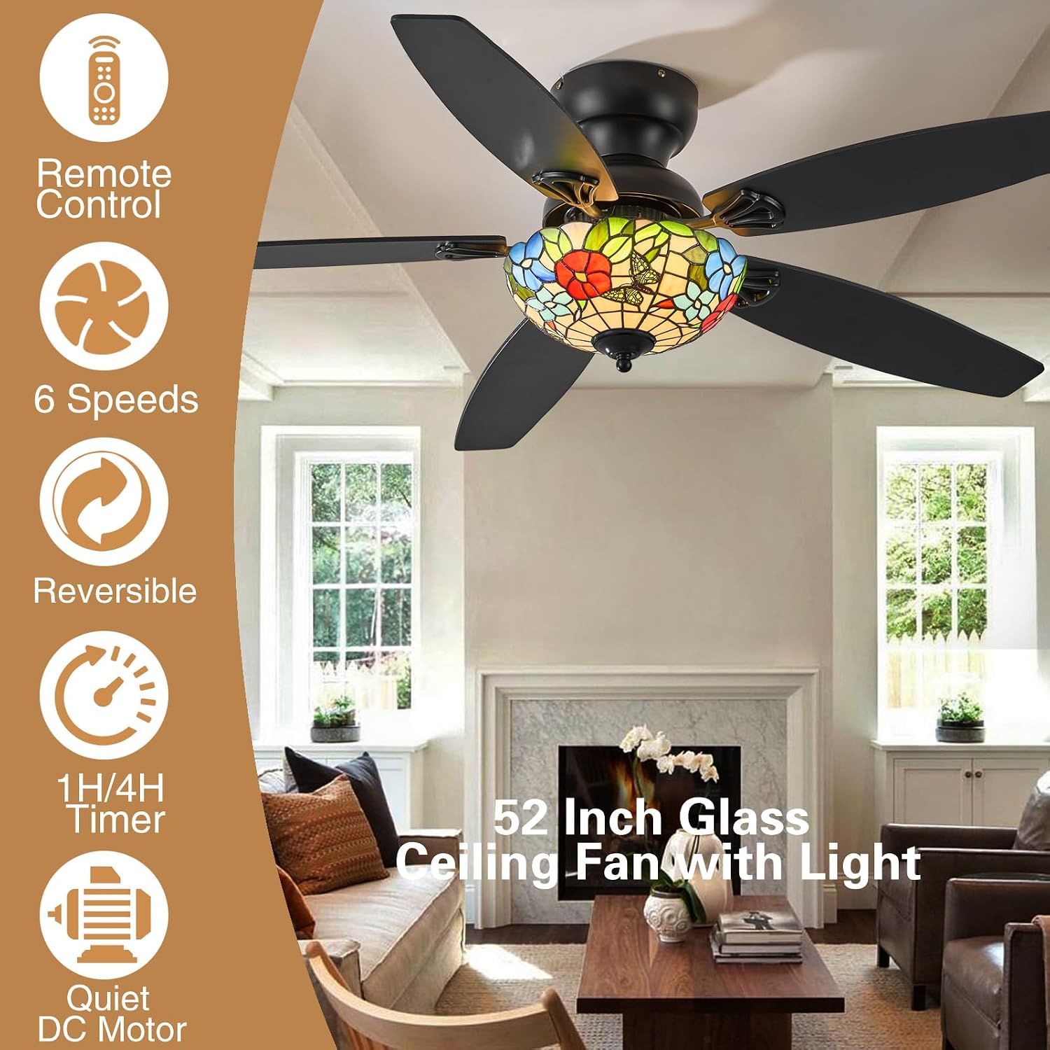 Tiffany Ceiling Fans with Lights - 52' Ceiling Fan Chandelier with 5 Dual-Blades and Glass Shade, 6 Speeds and Reversible, Indoor and Outdoor, Retro Style