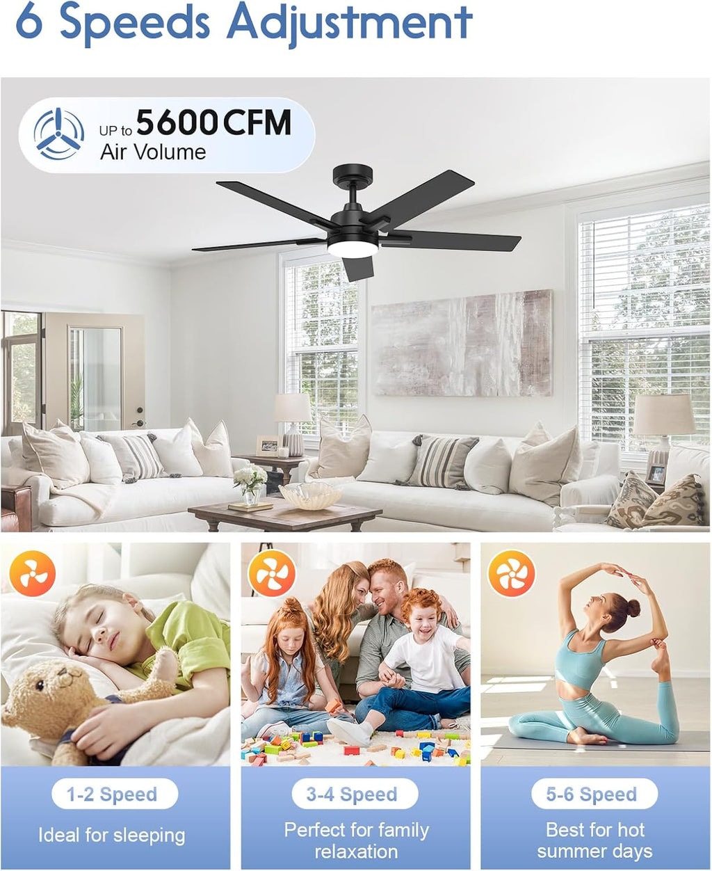 52 Inch Ceiling Fan with Light, Black Smart Ceiling Fan with 5 Two-Sided Blades, LED Fan with Remote and Compatible with Alexa, High CFM Ultra Quiet Large Fan for Bedroom, Living Room
