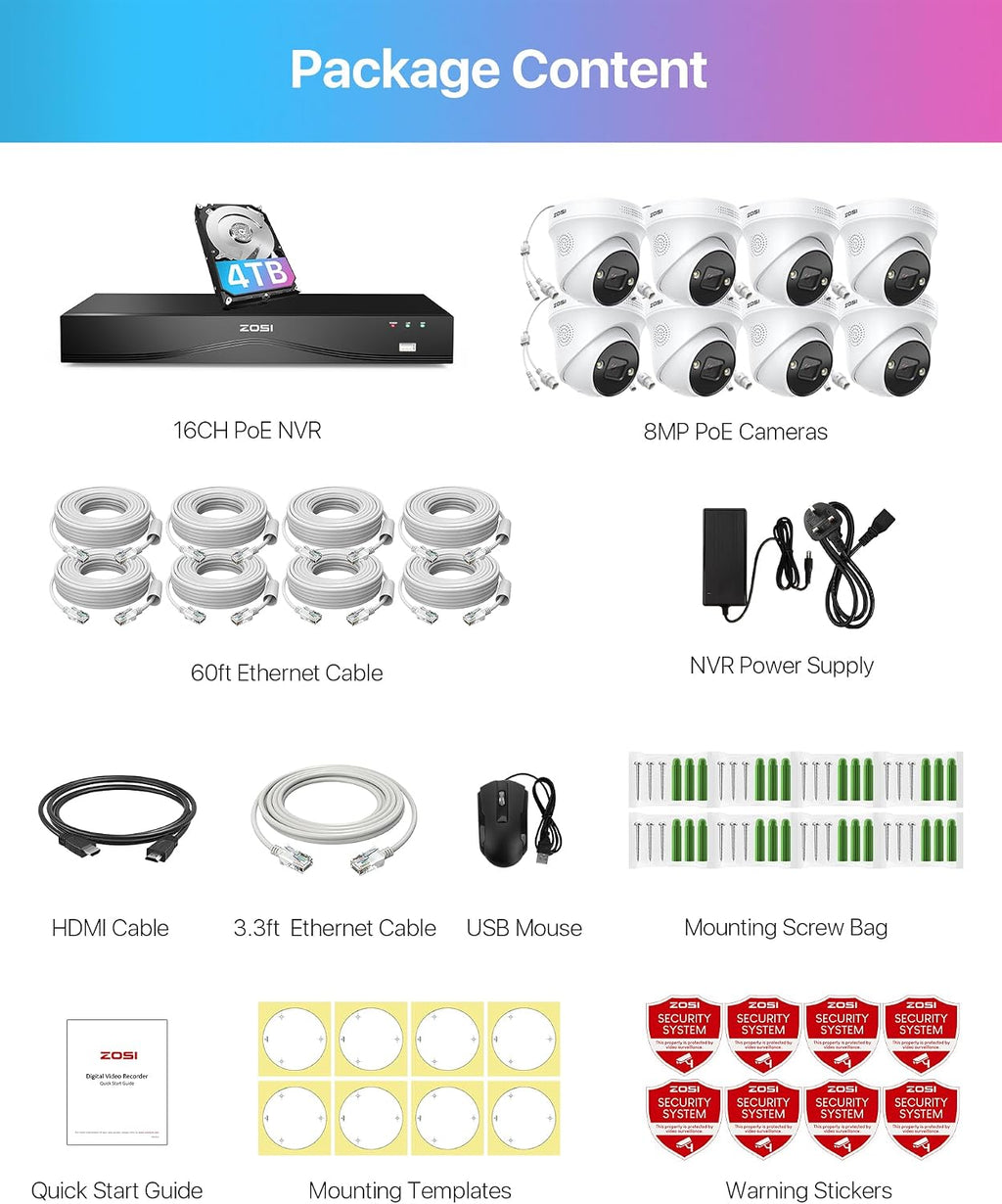 ZOSI 4K PoE Security Camera System, 8pcs 4K Indoor Outdoor PoE Wired Cameras, Face Person Vehicle Detection, 2 Way Audio, Color Night Vision, 24CH 8MP Surveillance NVR with 4TB HDD for 24/7 Recording