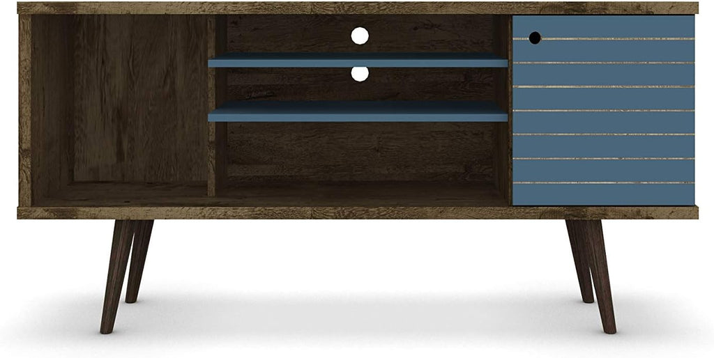 Manhattan Comfort Liberty Mid Century Modern TV Stand for Televisions up to 50 Inches, Bedroom and Living Room Entertainment Center with Storage, Shelves, and Cabinet, 53' Wide, Rustic Brown/Aqua