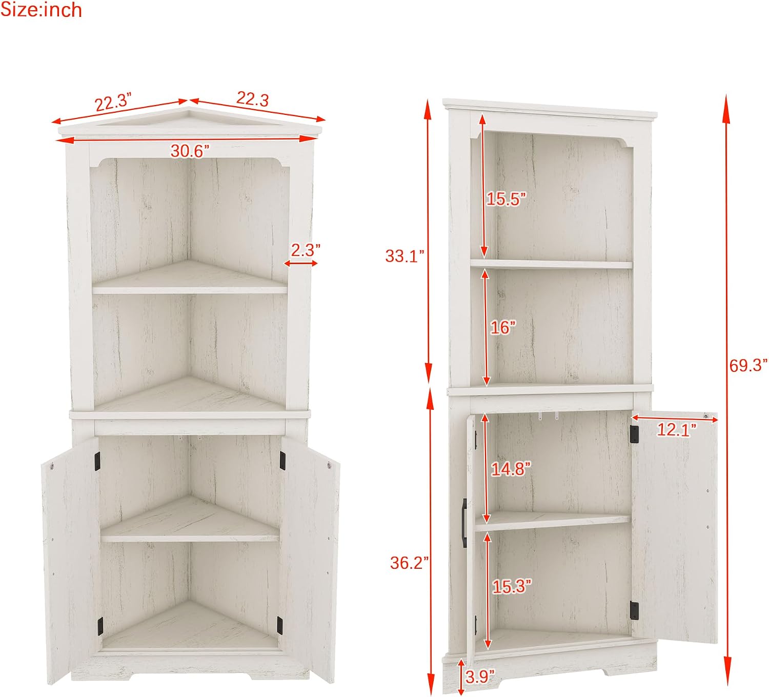 KEIKI Tall Corner Cabinet with Open Shelves and Concealed Storage, Space-Saving Design for Living Room, Bathroom, and Bedroom - Wood Grain Beige