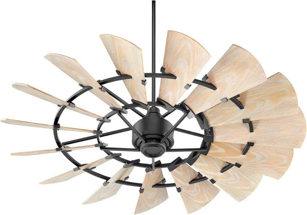 Quorum 195210-69 Windmill 52 Inch Ceiling Fan | 10 Blade Wagon Wheel Design | 6 Speed Reversible DC Motor | Remote Control Included | Damp Rated Fan | Weathered Oak Blades | Textured Black Finish