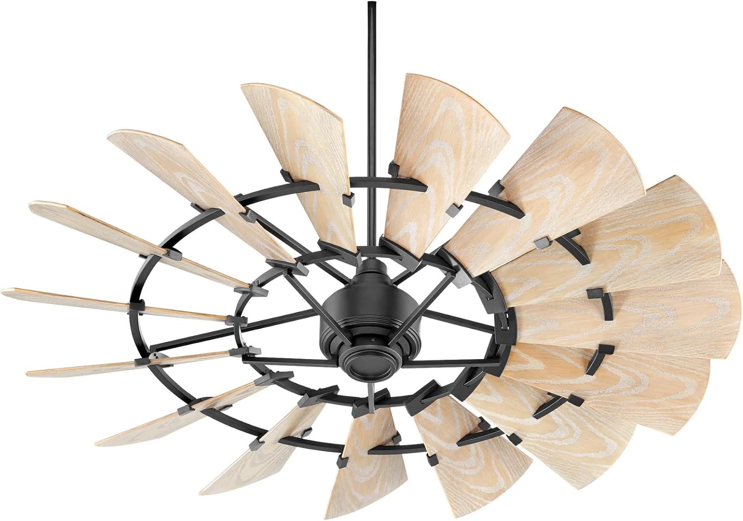 Quorum 195210-69 Windmill 52 Inch Ceiling Fan | 10 Blade Wagon Wheel Design | 6 Speed Reversible DC Motor | Remote Control Included | Damp Rated Fan | Weathered Oak Blades | Textured Black Finish