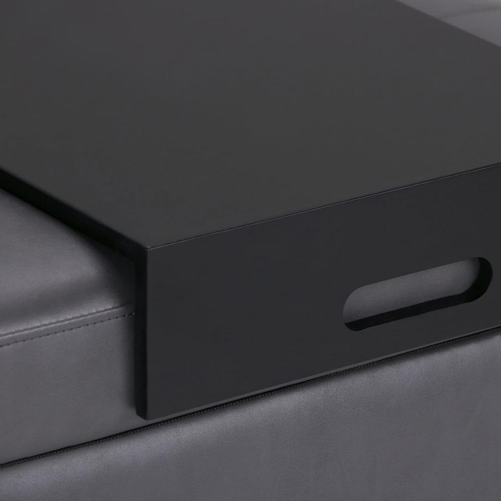 SIMPLIHOME Oregon Storage Ottoman Bench with Tray - 42 inch Wide Upholstered Vegan Leather Rectangle Storage Ottoman Bench in Stone Grey, Transitional Tufted Ottoman for Living Room with Lift-Up Lid