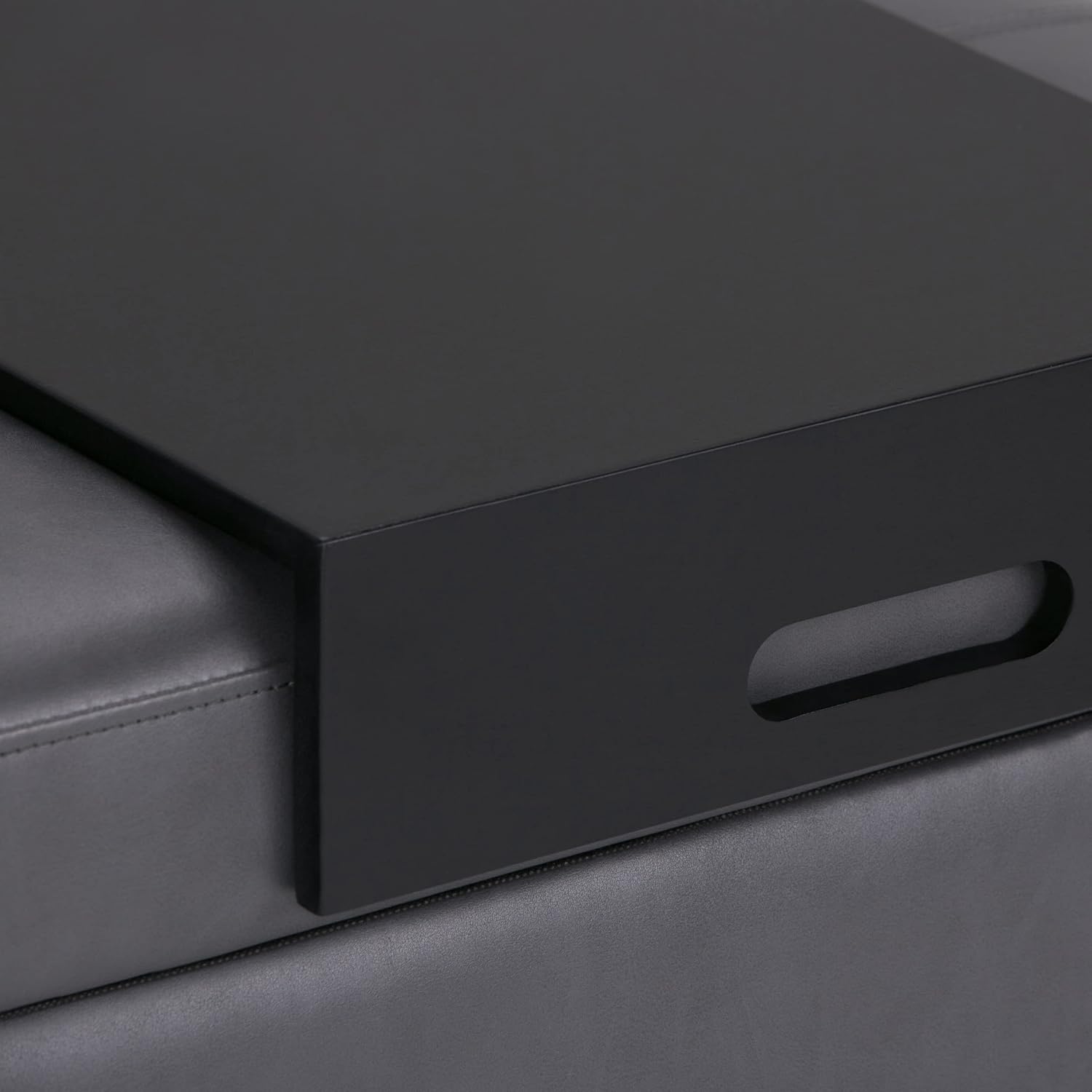 SIMPLIHOME Oregon Storage Ottoman Bench with Tray - 42 inch Wide Upholstered Vegan Leather Rectangle Storage Ottoman Bench in Stone Grey, Transitional Tufted Ottoman for Living Room with Lift-Up Lid