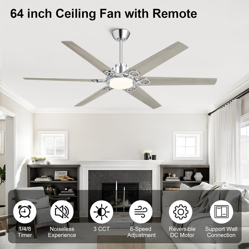 WINGBO Ceiling Fan with Lights - 64 inch Ceiling Fan with Remote,3CCT, Dimmable Light,6 Blades Modern Ceiling Fan, 6-Speed Noiseless Powerful DC Motor, ETL Listed, Indoor/Outdoor, Chromium + Grey