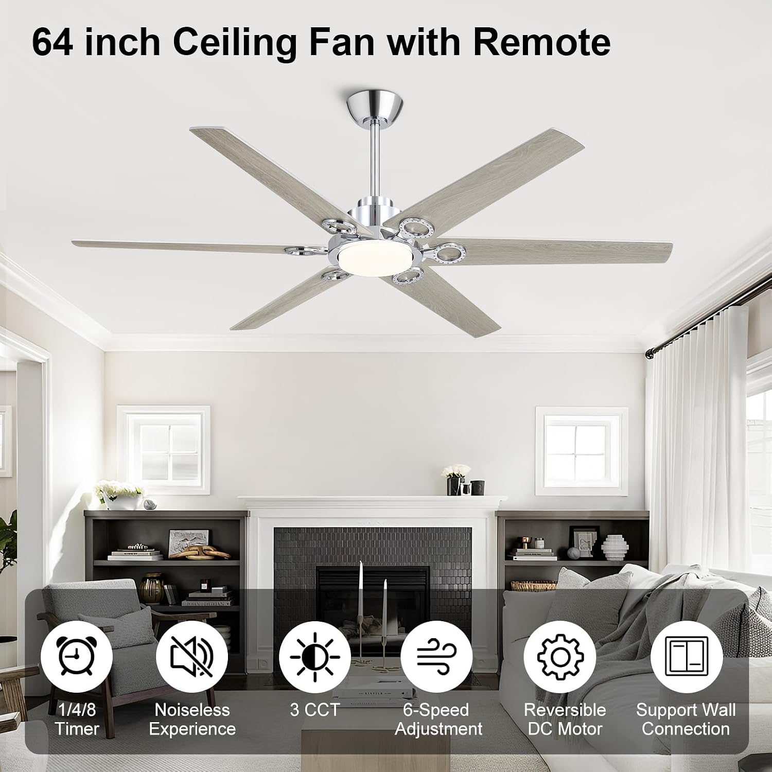 WINGBO Ceiling Fan with Lights - 64 inch Ceiling Fan with Remote,3CCT, Dimmable Light,6 Blades Modern Ceiling Fan, 6-Speed Noiseless Powerful DC Motor, ETL Listed, Indoor/Outdoor, Chromium + Grey