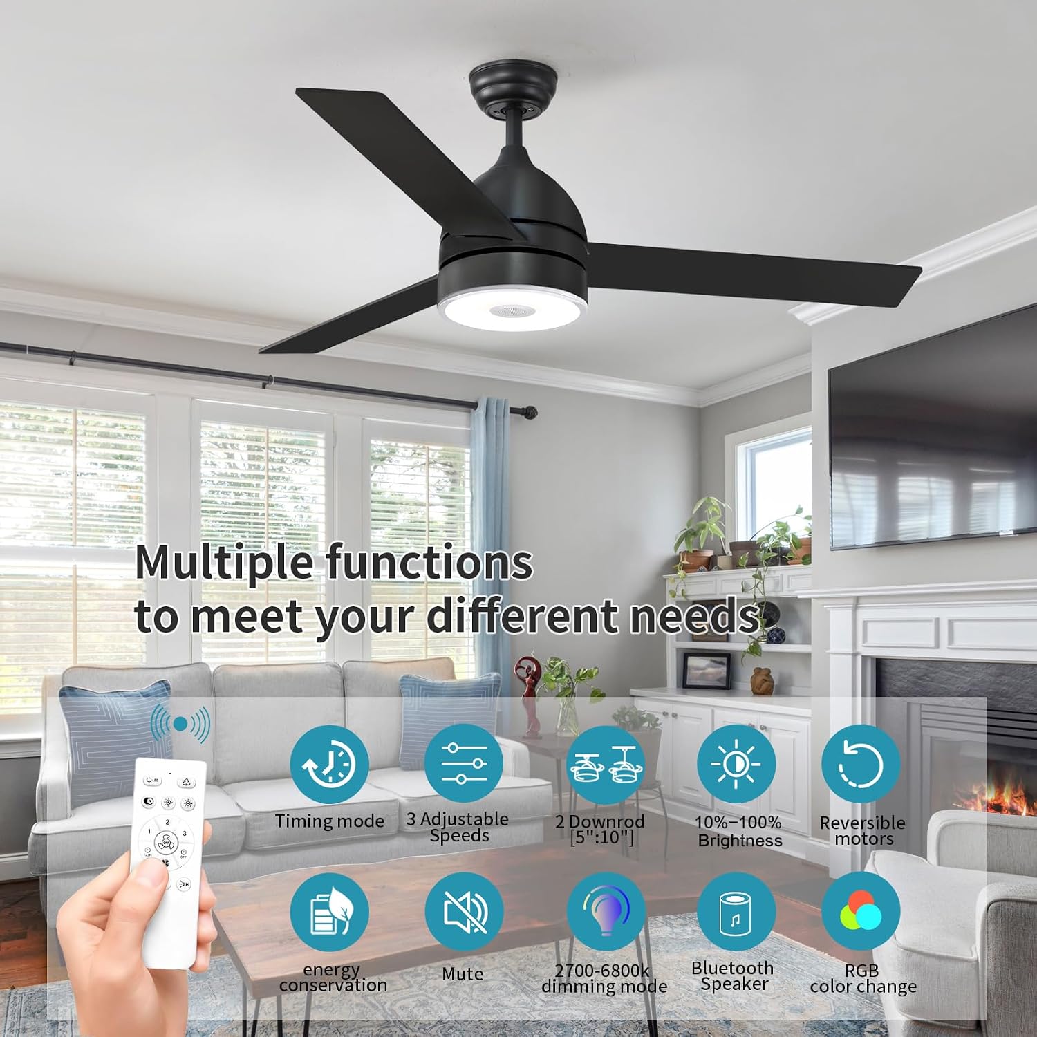 Black 52 Inch Ceiling Fan with RGB Dimming LED Light,with Music Bluetooth Speaker,with Remote Control,3-Speed Regulation, Reversible Motor,Timing,for Living Room,Bedroom,Restaurant