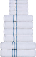 Superior Hotel Turkish Cotton 10 Piece Towel Set, Ultra Plush Spa Quality Heavyweight Essentials for Bathroom, Thick Absorbent and Soft, Dobby Border, Includes 2 Bath 4 Hand 4 Washcloths, Light Blue