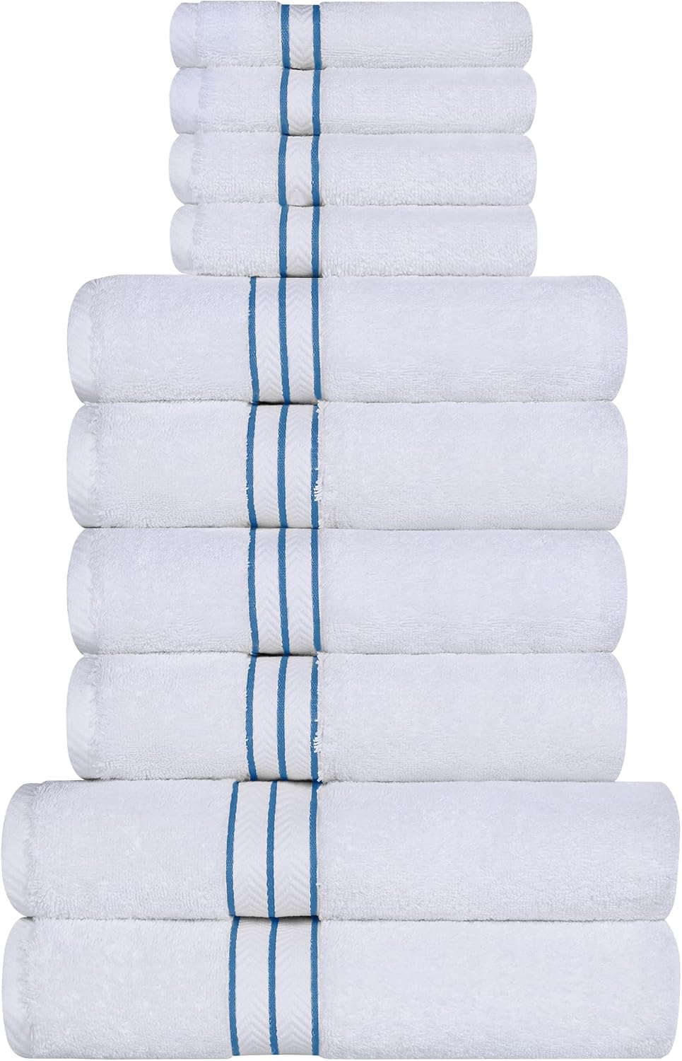 Superior Hotel Turkish Cotton 10 Piece Towel Set, Ultra Plush Spa Quality Heavyweight Essentials for Bathroom, Thick Absorbent and Soft, Dobby Border, Includes 2 Bath 4 Hand 4 Washcloths, Light Blue