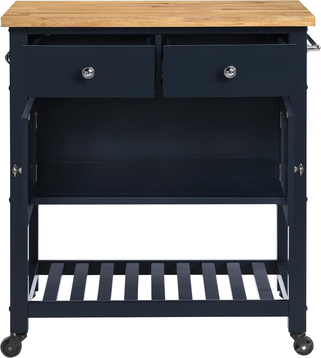 OSP Home Furnishings Stirling Farmhouse Kitchen Cart, Rolling Storage Cabinet with Drawers, Shelf, 5 Utility Hooks, Dark Blue with Natural Wood Top