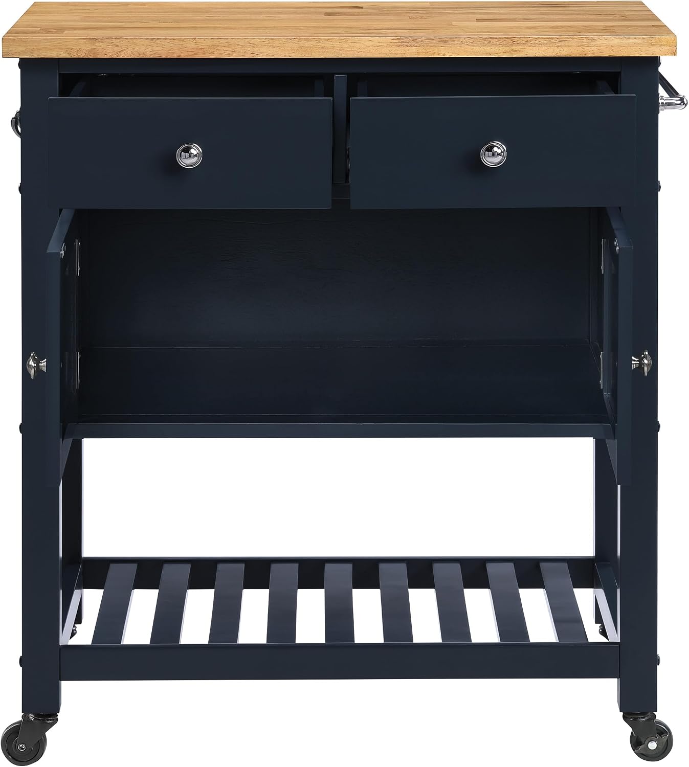 OSP Home Furnishings Stirling Farmhouse Kitchen Cart, Rolling Storage Cabinet with Drawers, Shelf, 5 Utility Hooks, Dark Blue with Natural Wood Top