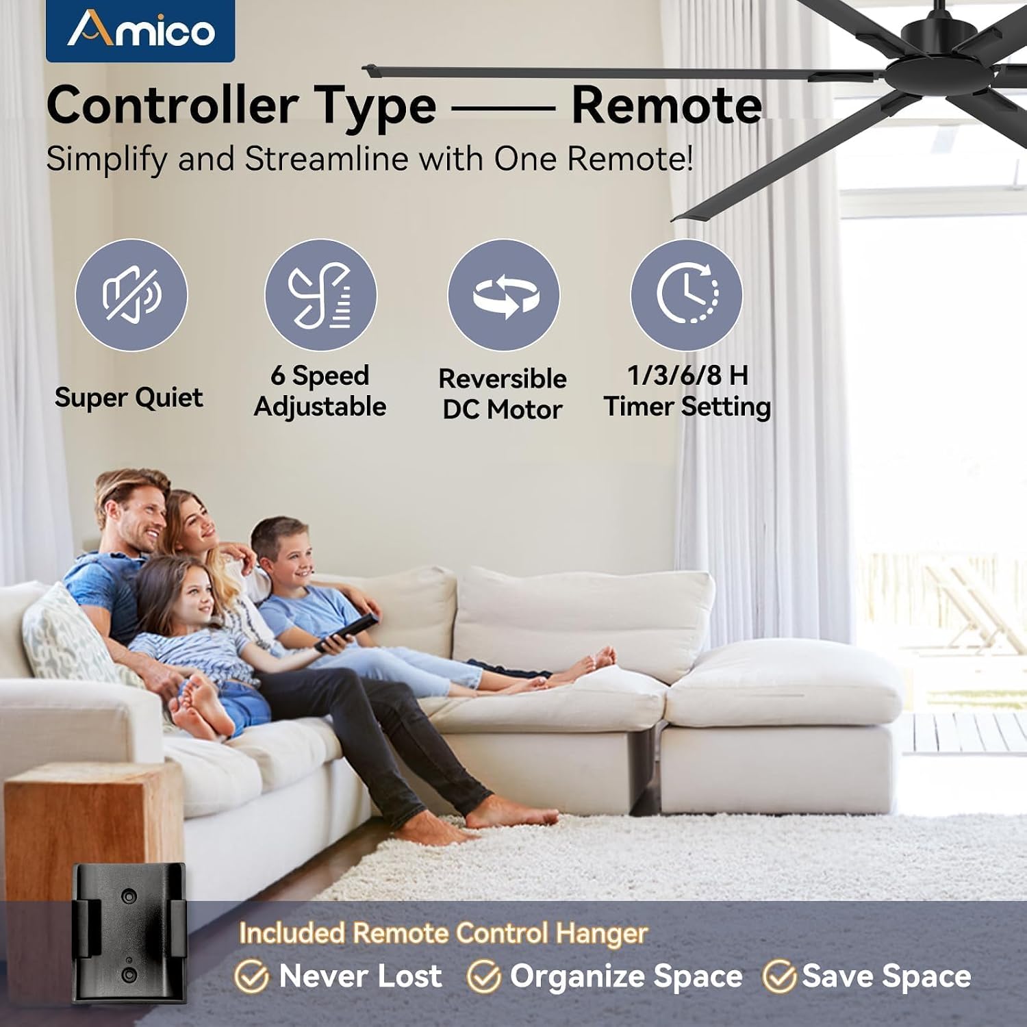 Amico 84 Inch Industrial Ceiling Fans Without Light, Indoor/Outdoor Ceiling Fan with Remote Control, Reversible, 6 Speeds, Noiseless, Black Ceiling Fan for Patio, Porch, Garage, Shop, Farmhouse