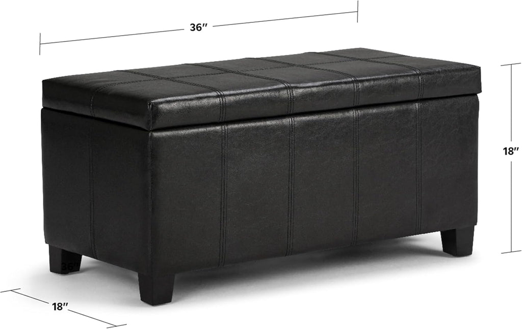 SIMPLIHOME Dover Storage Ottoman Bench - 36 inch Wide Upholstered Vegan Leather Rectangular Lift-Top Ottoman in Midnight Black, Contemporary Bench for Living Room with Safety Hinges