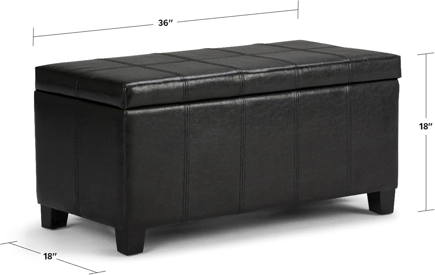 SIMPLIHOME Dover Storage Ottoman Bench - 36 inch Wide Upholstered Vegan Leather Rectangular Lift-Top Ottoman in Midnight Black, Contemporary Bench for Living Room with Safety Hinges