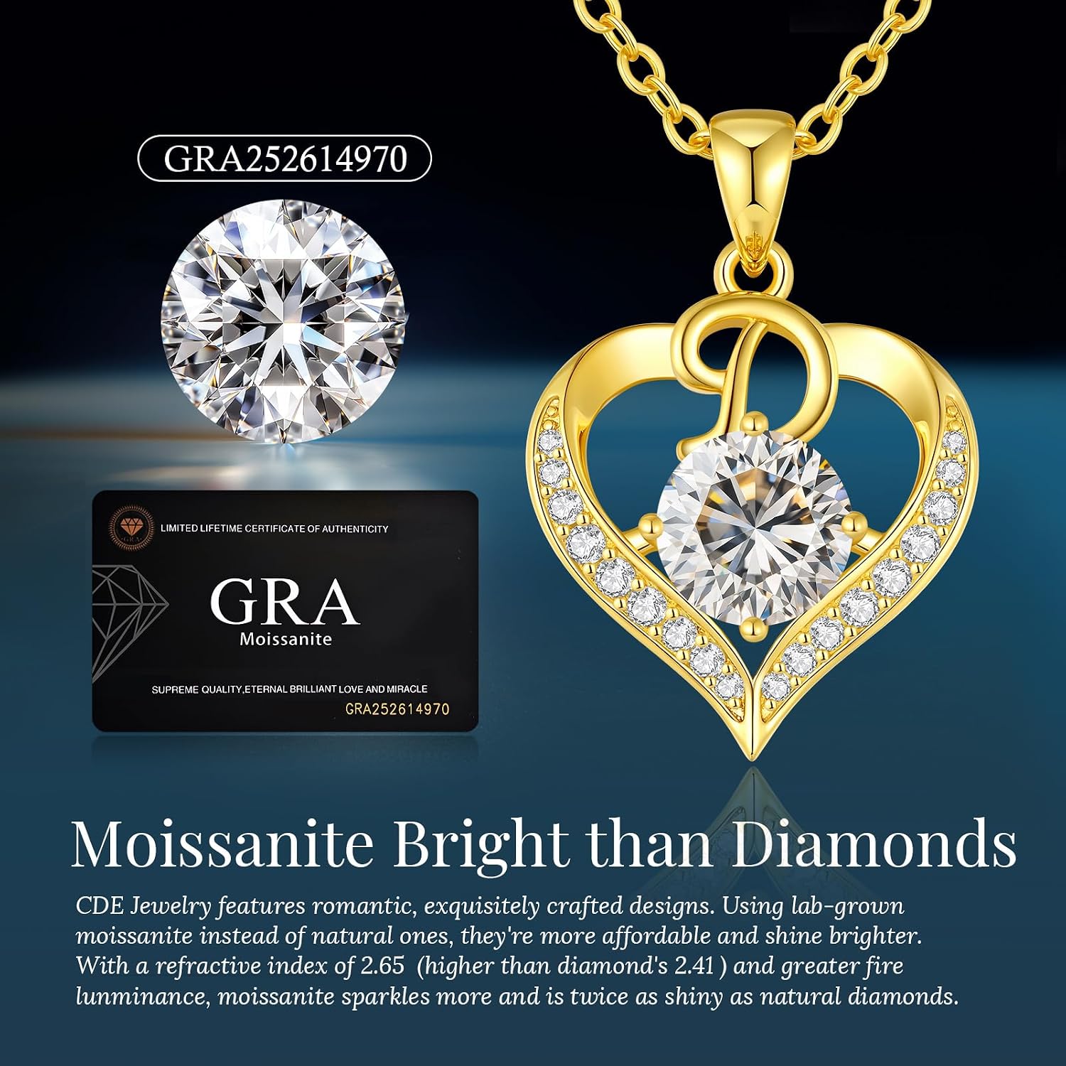 CDE 18K Gold Plated Initial Love Heart 2 Carat Moissanite Necklaces for Women 925 Sterling Silver Jewelry Christmas Anniversary Birthday Present Gifts for Wife Lady Girlfriend Her