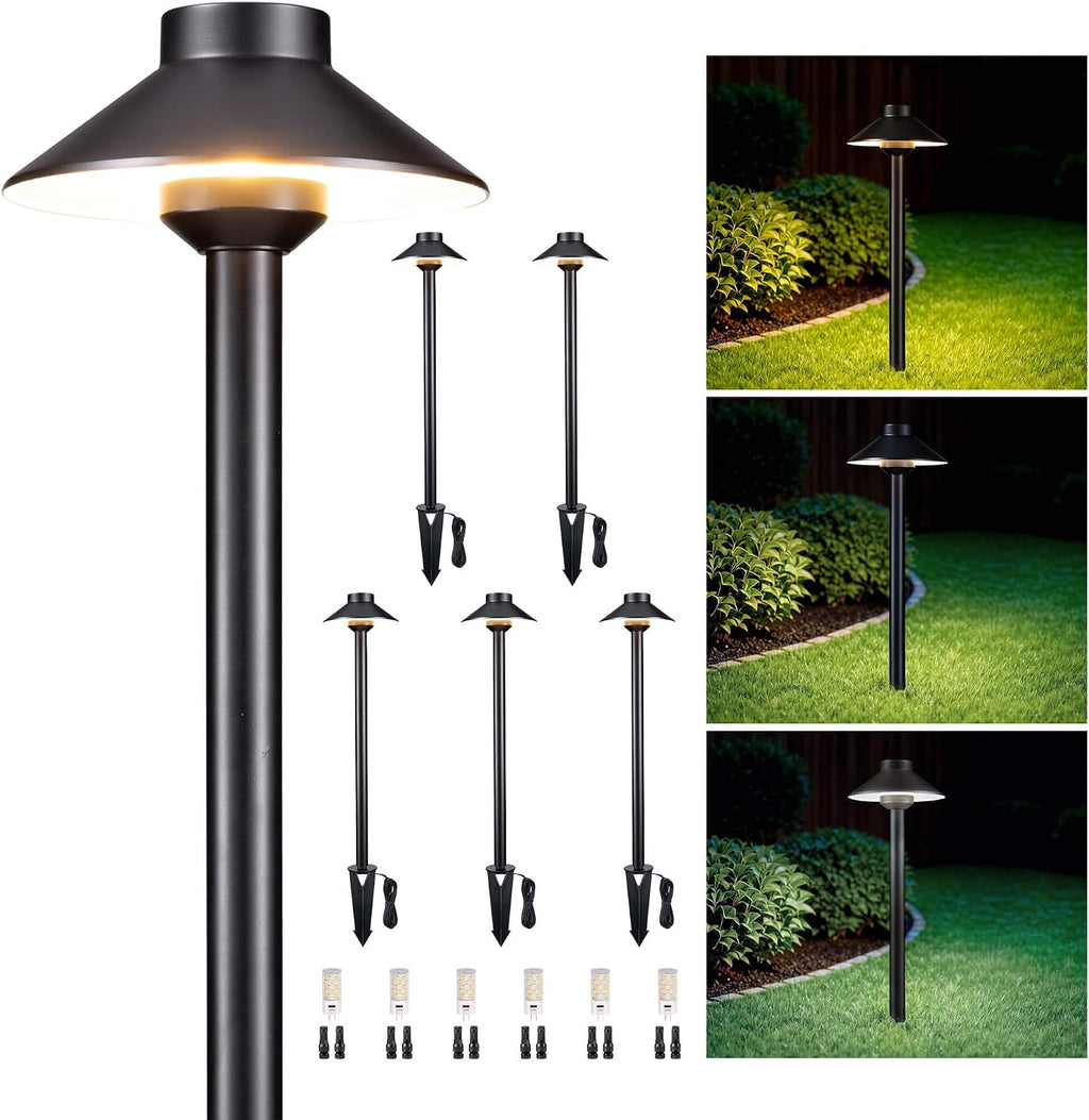 Gardenreet Low Voltage Landscape Lighting Brass, Warm & Neutral White Adjustable 12v Pathway Lights Waterproof, Black Path Light for Outdoor Exterior Area Patio House with 3W 270LM G4 Bulb (6 Pack)