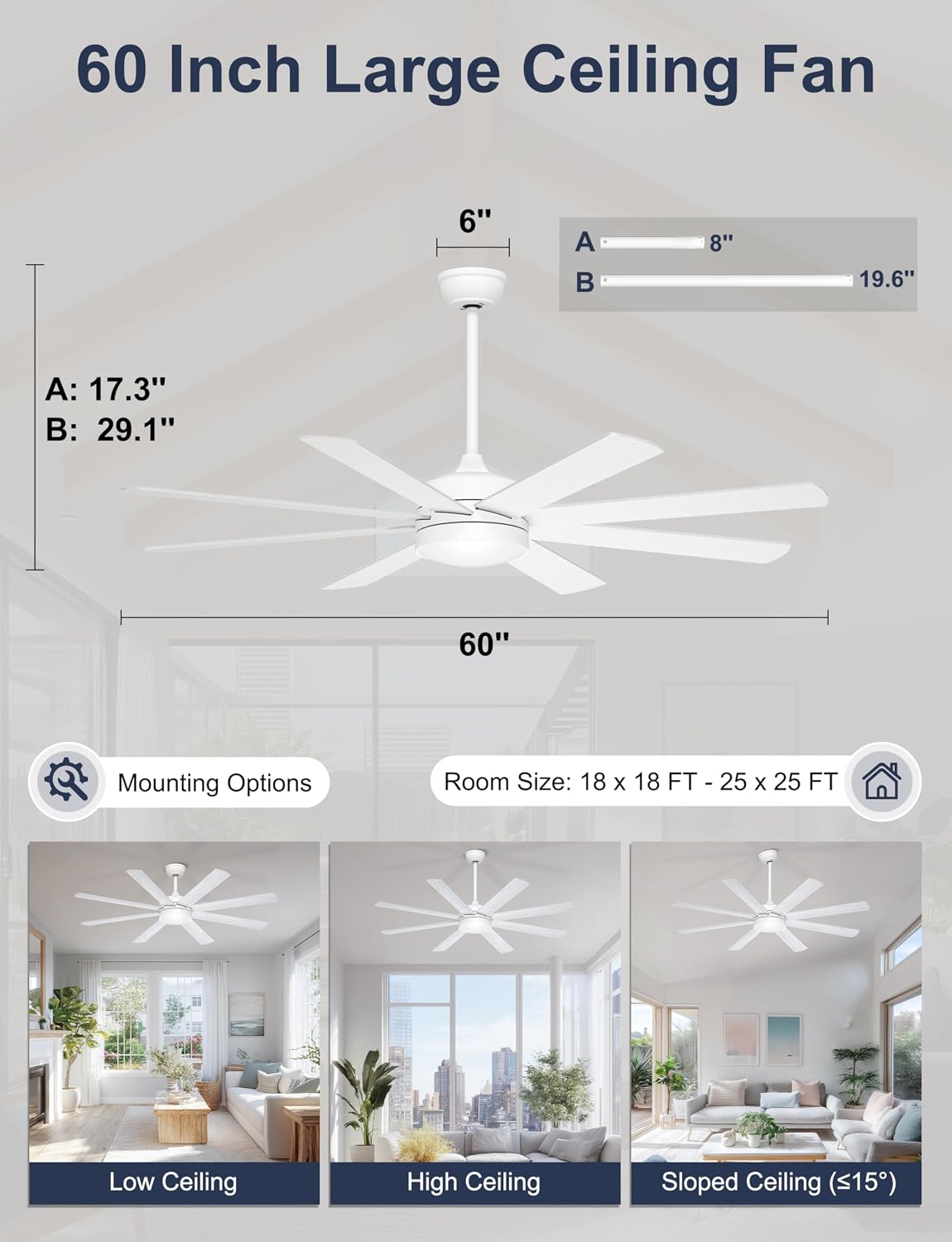 60 Inch Ceiling Fans with Lights - 8 Blades White Ceiling Fan Remote/APP Control, Dimmable, Reversible Ceiling Fan for Indoor/Covered Outdoor
