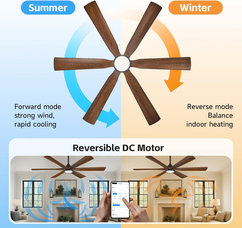 60 Inch Smart Outdoor Ceiling Fan with Lights for Patios, High CFM, Damp Rated 6 Walnut Wood Blades, Alexa Wifi Remote Control, for Modern Farmhouse Indoor Exterior Porch, for Sloped/Tall Ceiling