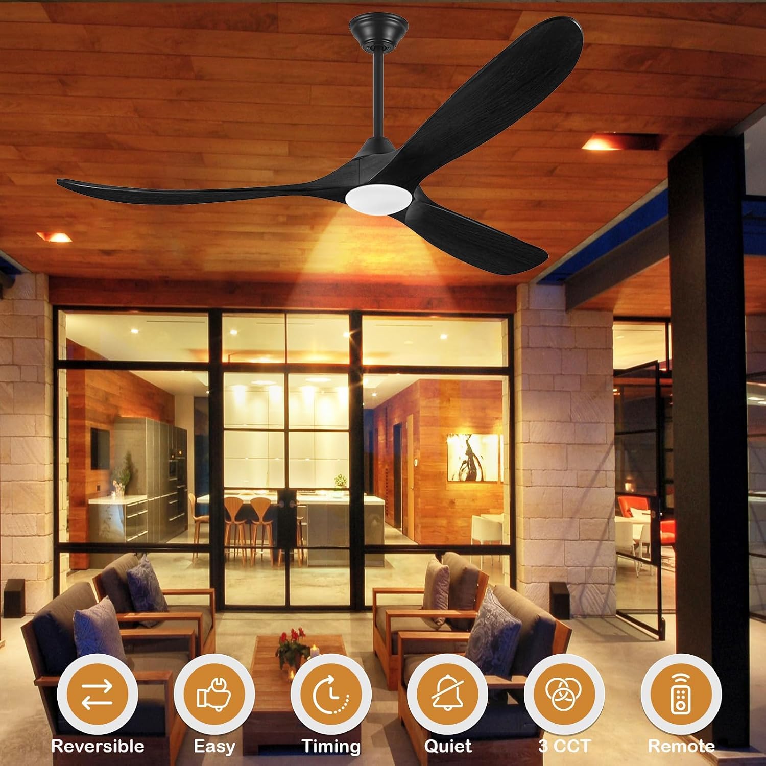 52 Inch Black Outdoor Ceiling Fans for Patios with Light, Modern Solid Wood Propeller Ceiling Fan with Remote, Energy Efficient Reversible Quiet Dc Motor for Bedroom Living Room Exterior