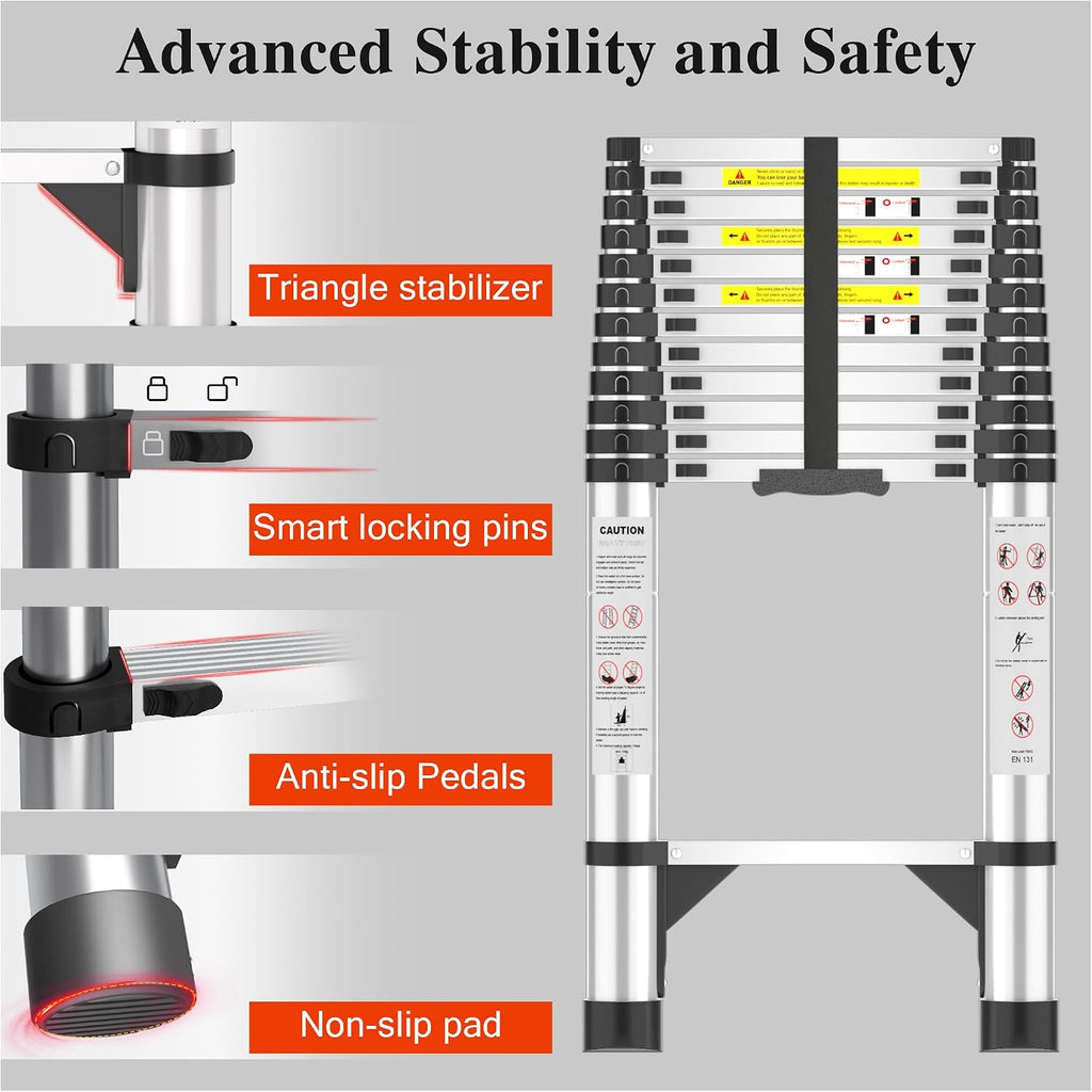 Telescoping Ladder, 16.5 FT Aluminum Extendable Ladder, 330 Lbs Capacity, Collapsible Folding Ladder for House, Roof, RV & Travel Trailer (Silver)
