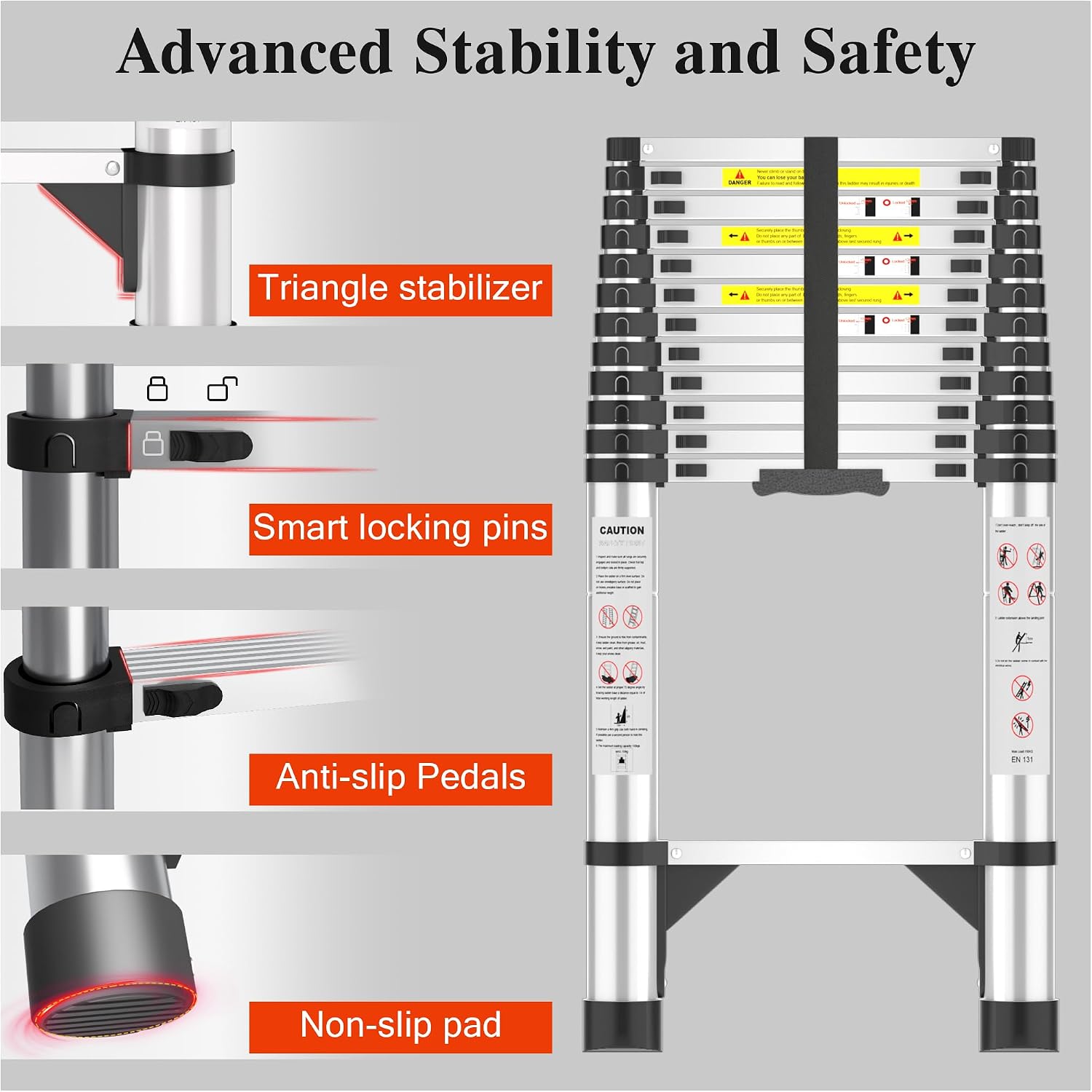 Telescoping Ladder, 16.5 FT Aluminum Extendable Ladder, 330 Lbs Capacity, Collapsible Folding Ladder for House, Roof, RV & Travel Trailer (Silver)